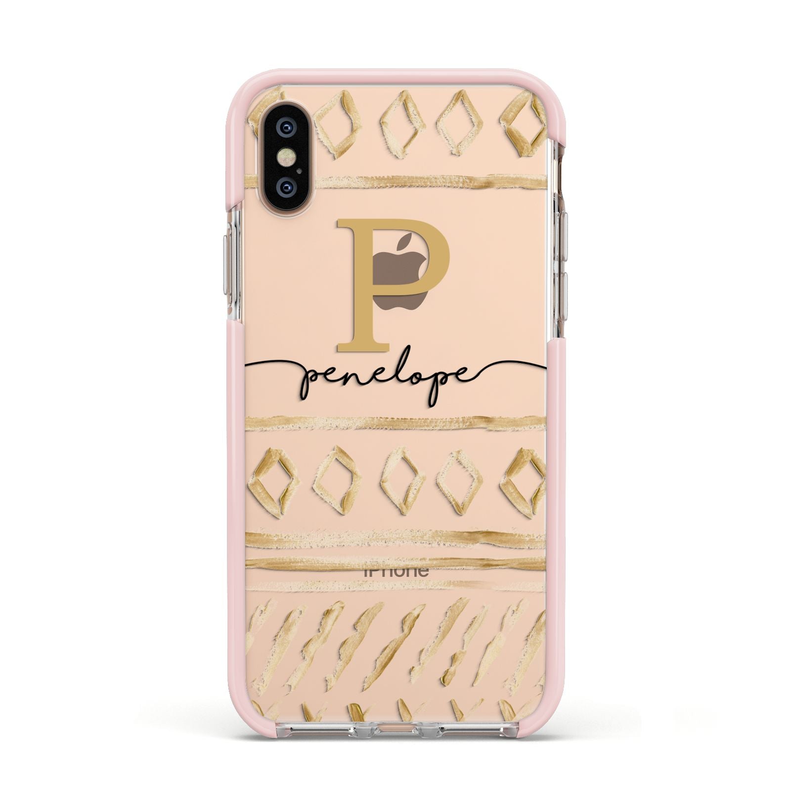 Personalised Aztec Gold Apple iPhone Xs Impact Case Pink Edge on Gold Phone