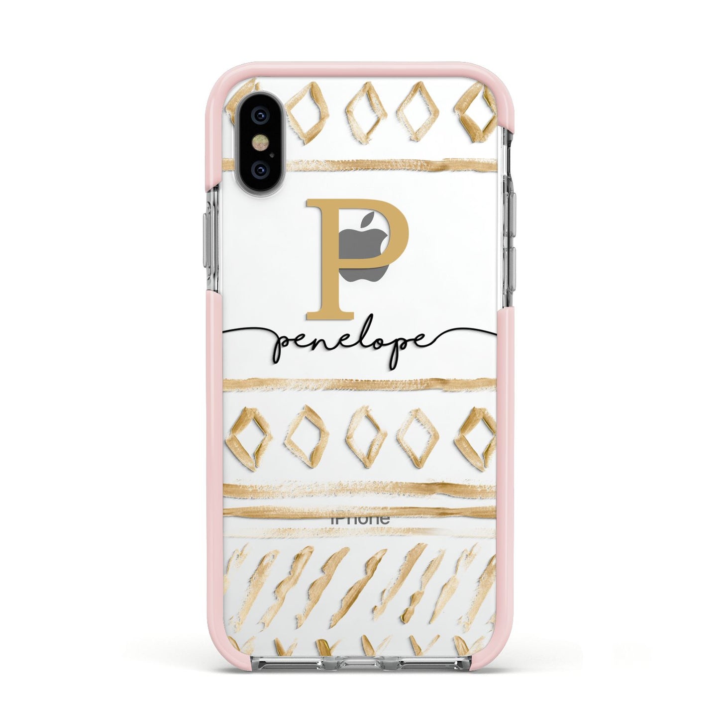 Personalised Aztec Gold Apple iPhone Xs Impact Case Pink Edge on Silver Phone