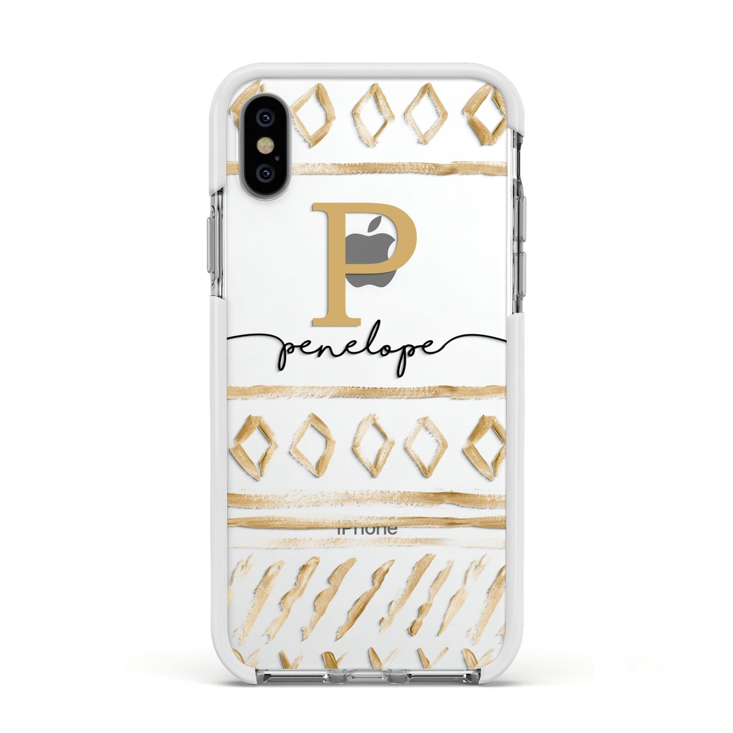 Personalised Aztec Gold Apple iPhone Xs Impact Case White Edge on Silver Phone