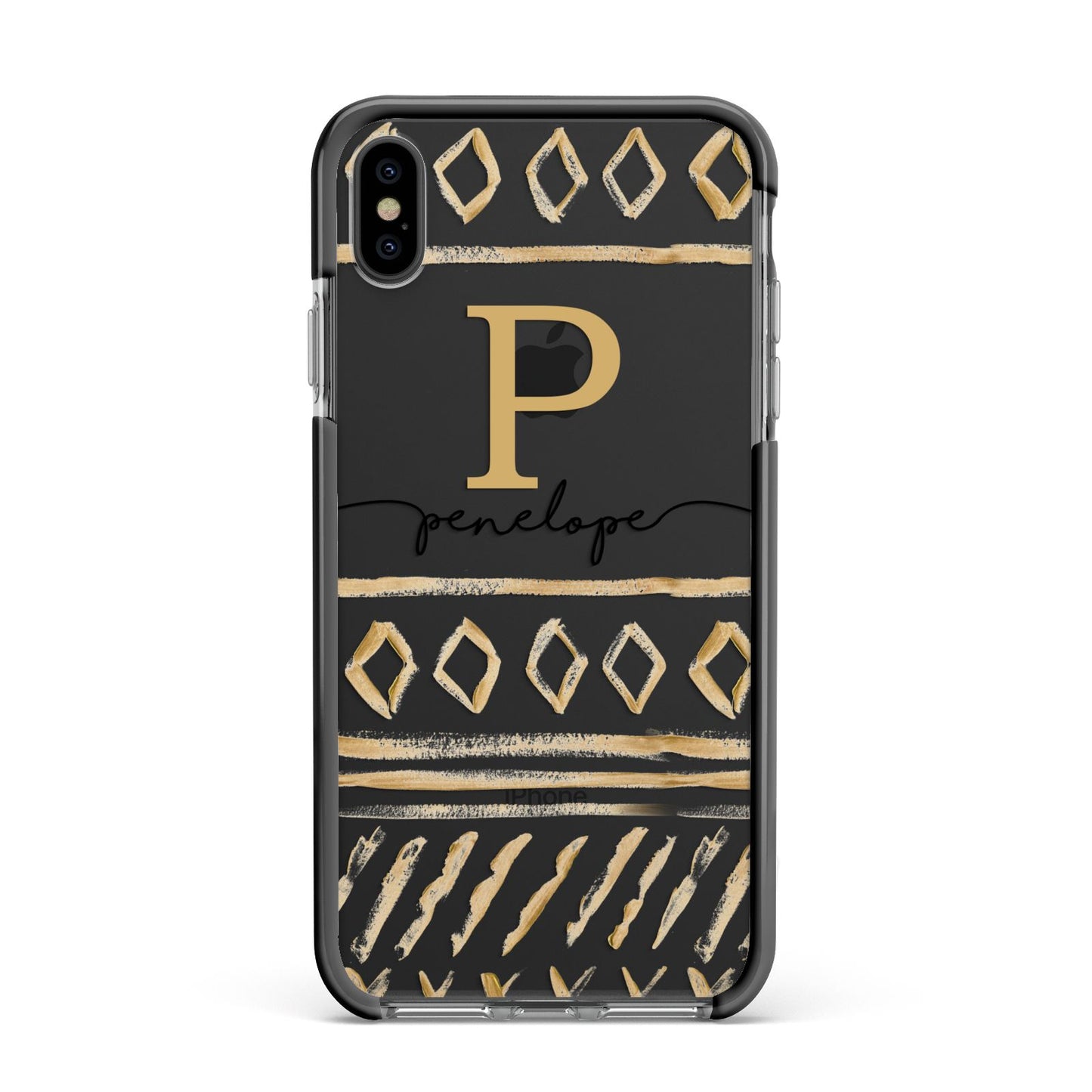 Personalised Aztec Gold Apple iPhone Xs Max Impact Case Black Edge on Black Phone