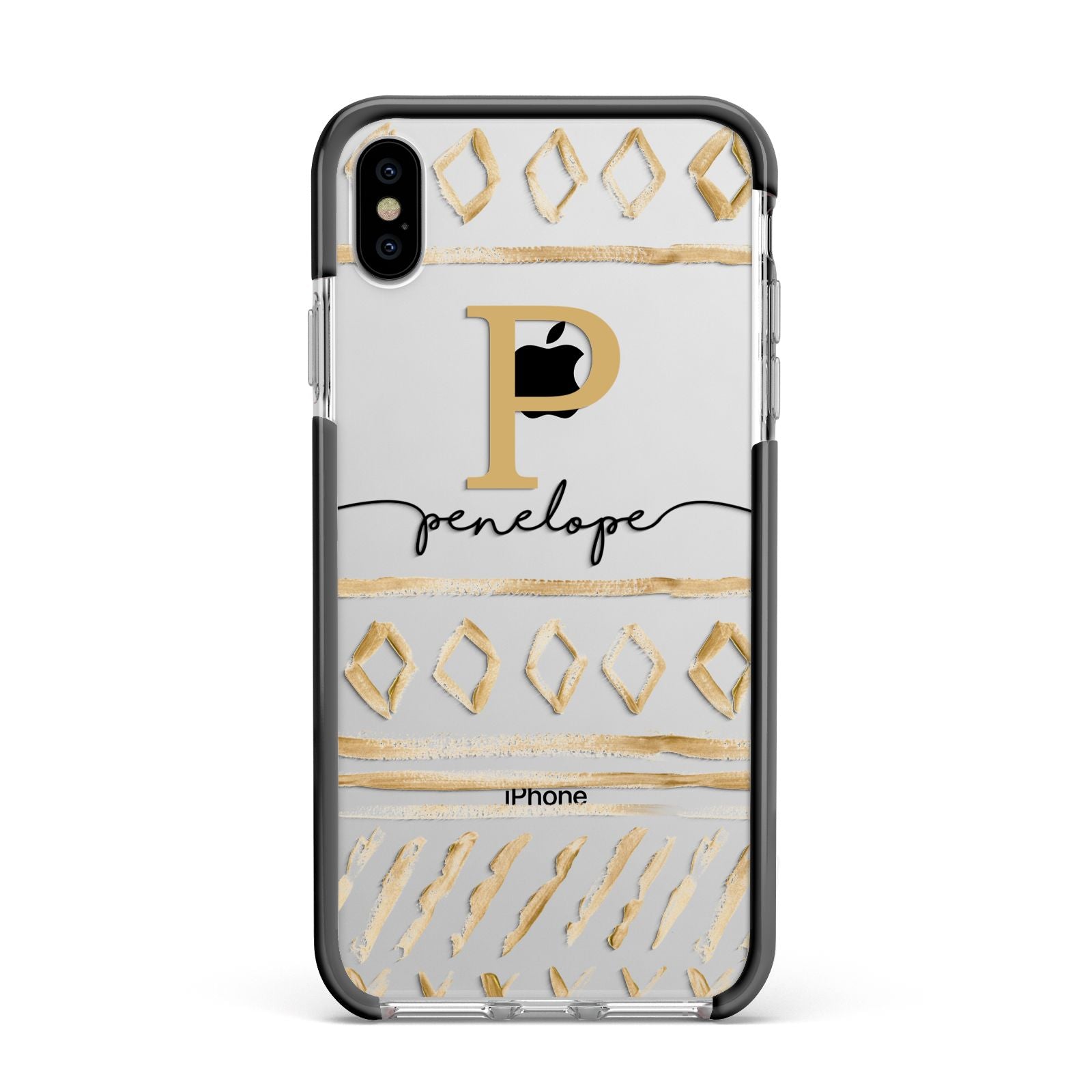 Personalised Aztec Gold Apple iPhone Xs Max Impact Case Black Edge on Silver Phone