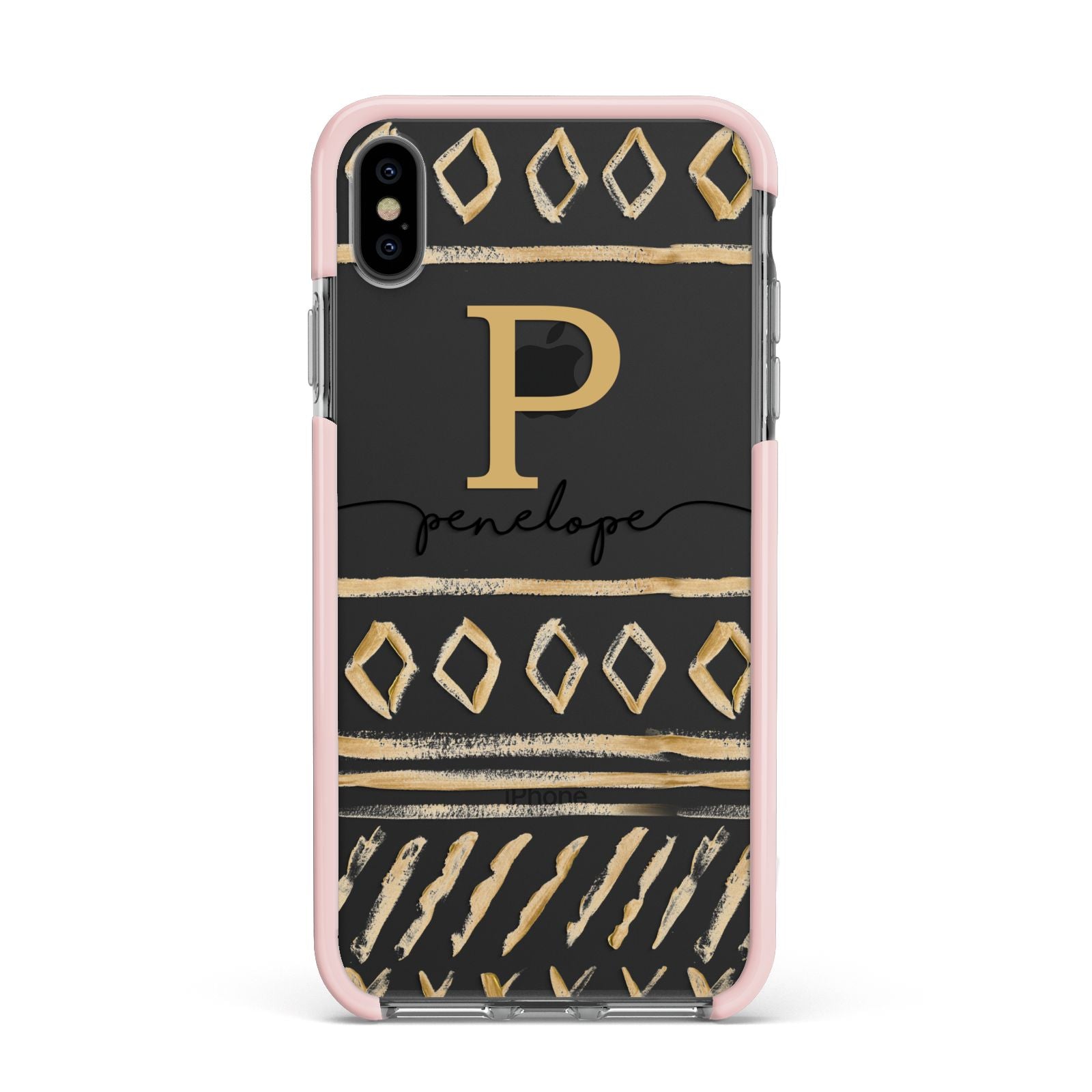 Personalised Aztec Gold Apple iPhone Xs Max Impact Case Pink Edge on Black Phone