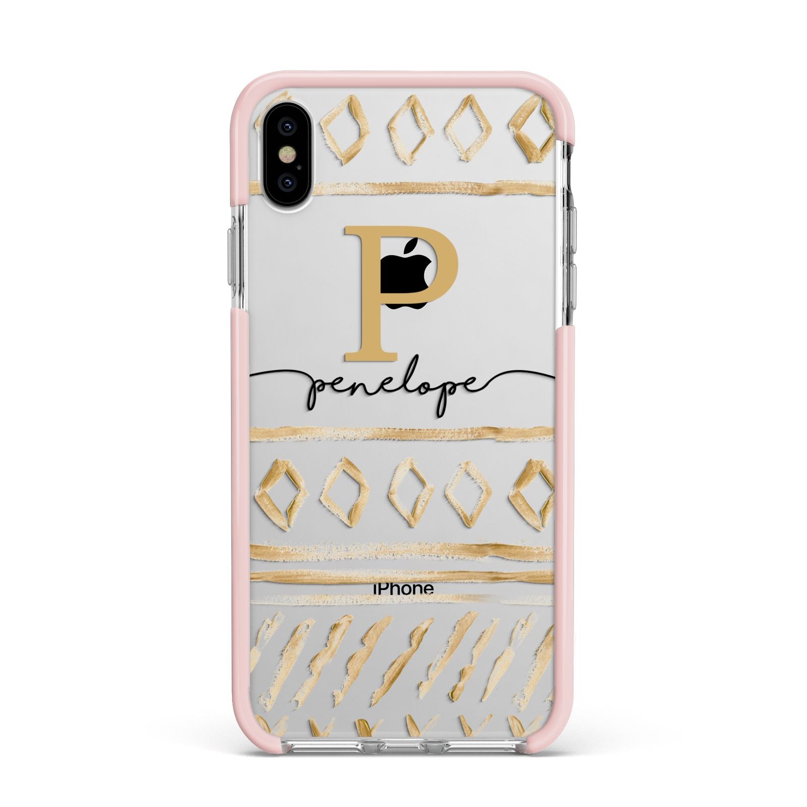 Personalised Aztec Gold Apple iPhone Xs Max Impact Case Pink Edge on Silver Phone