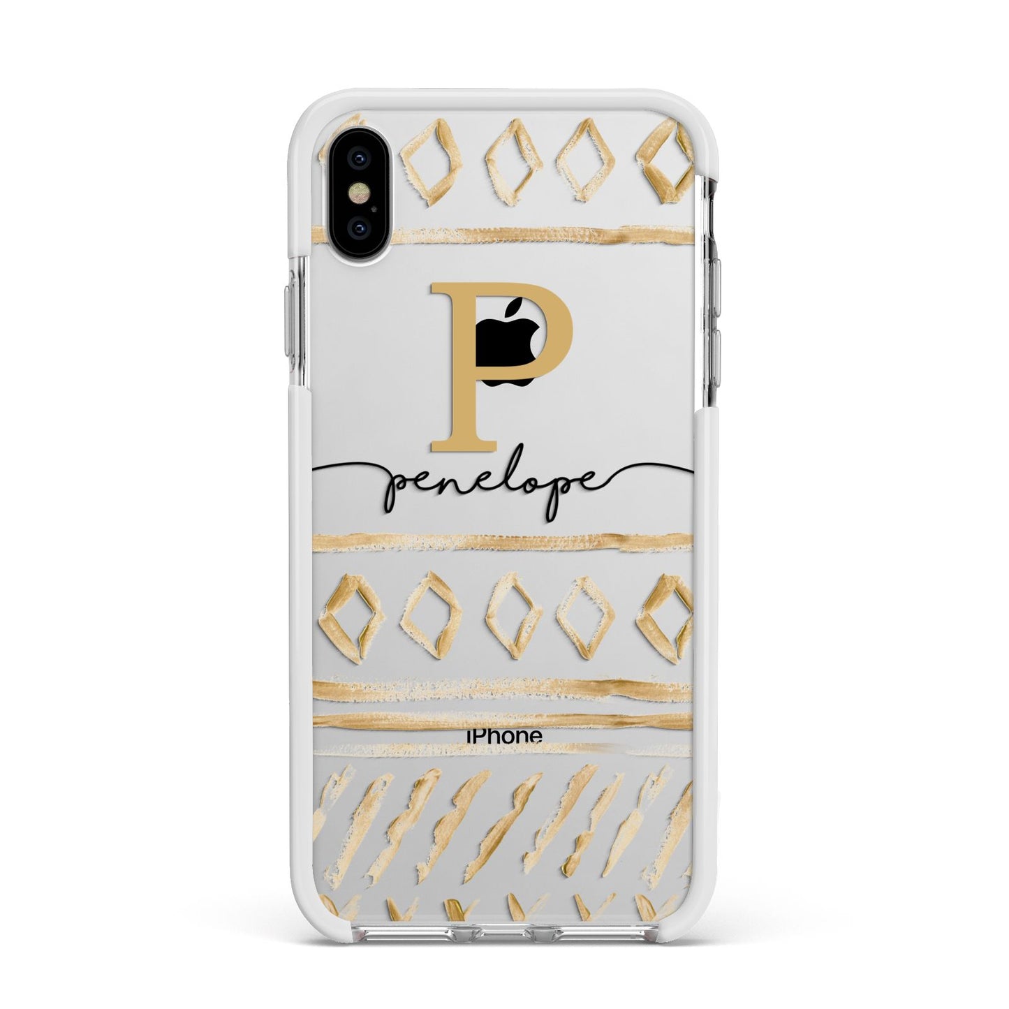 Personalised Aztec Gold Apple iPhone Xs Max Impact Case White Edge on Silver Phone