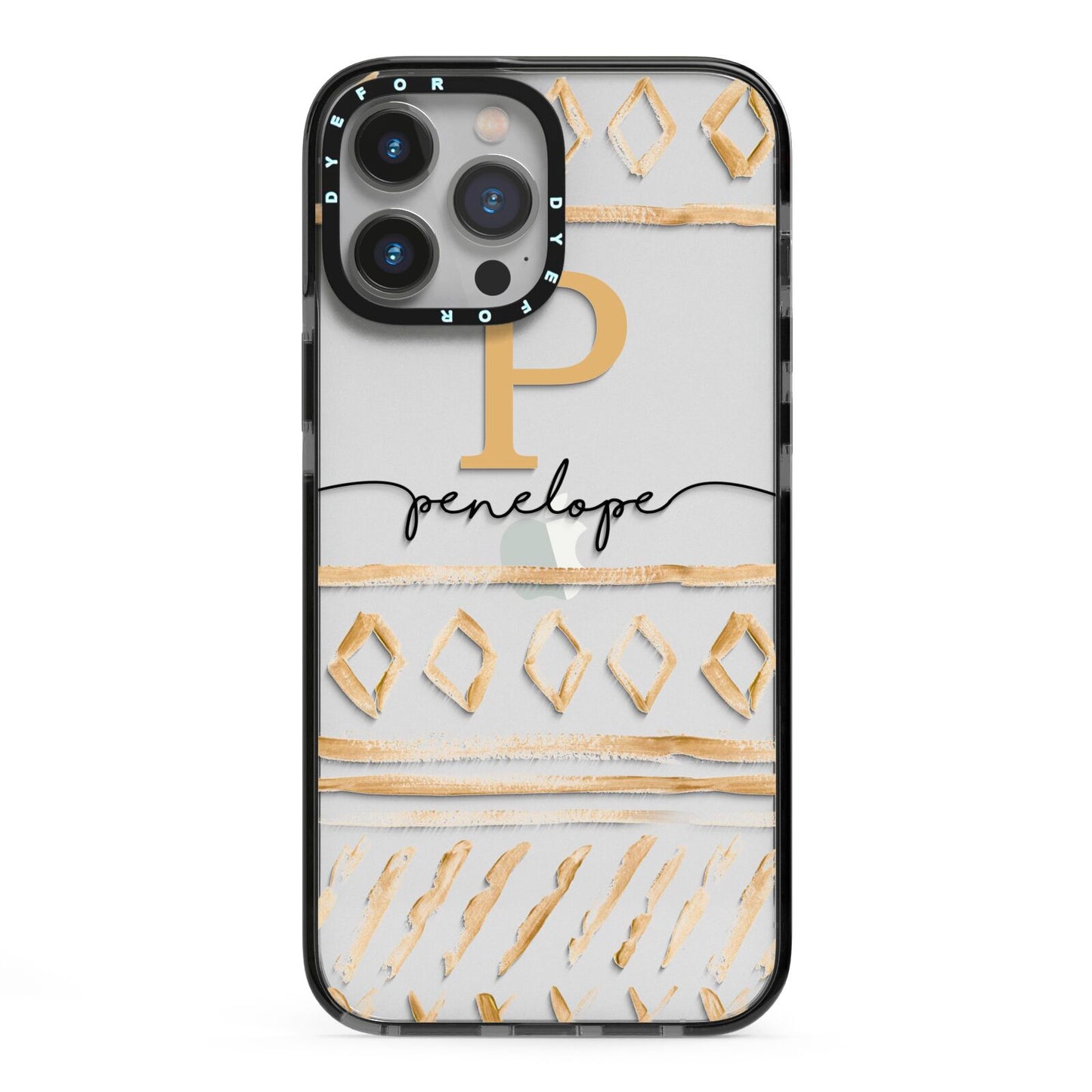 Personalised Aztec Gold iPhone 13 Pro Max Black Impact Case on Silver phone