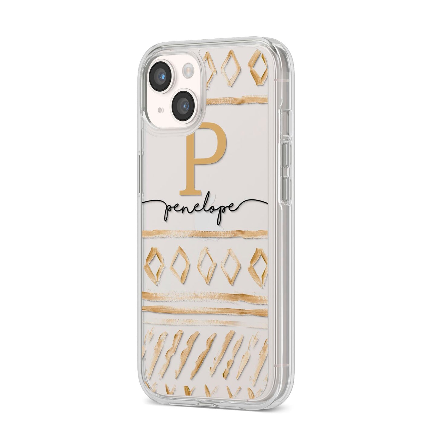 Personalised Aztec Gold iPhone 14 Clear Tough Case Starlight Angled Image