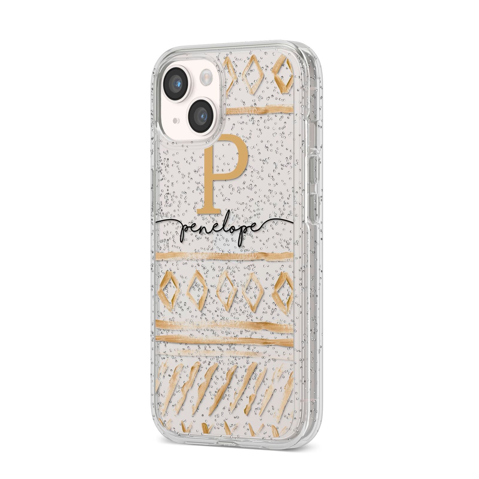 Personalised Aztec Gold iPhone 14 Glitter Tough Case Starlight Angled Image