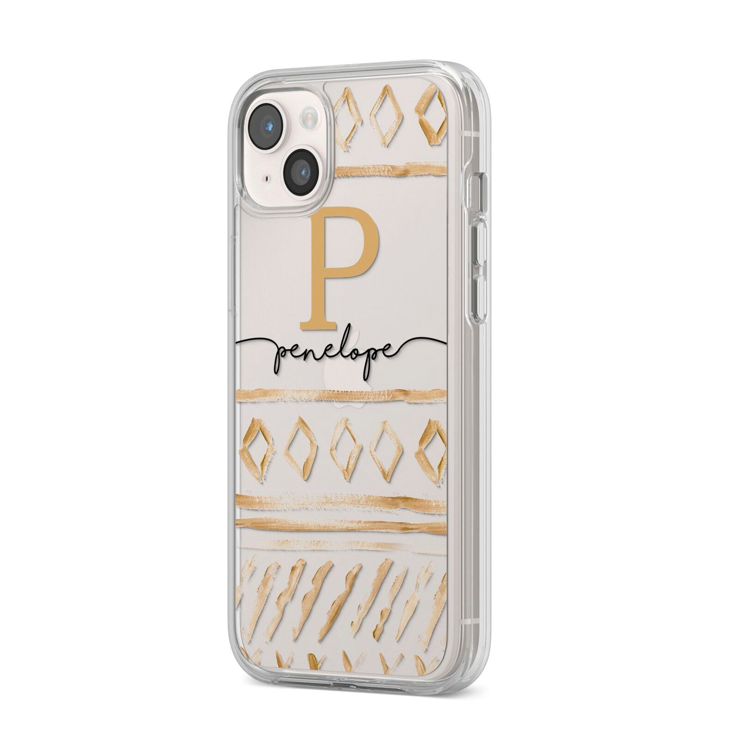 Personalised Aztec Gold iPhone 14 Plus Clear Tough Case Starlight Angled Image