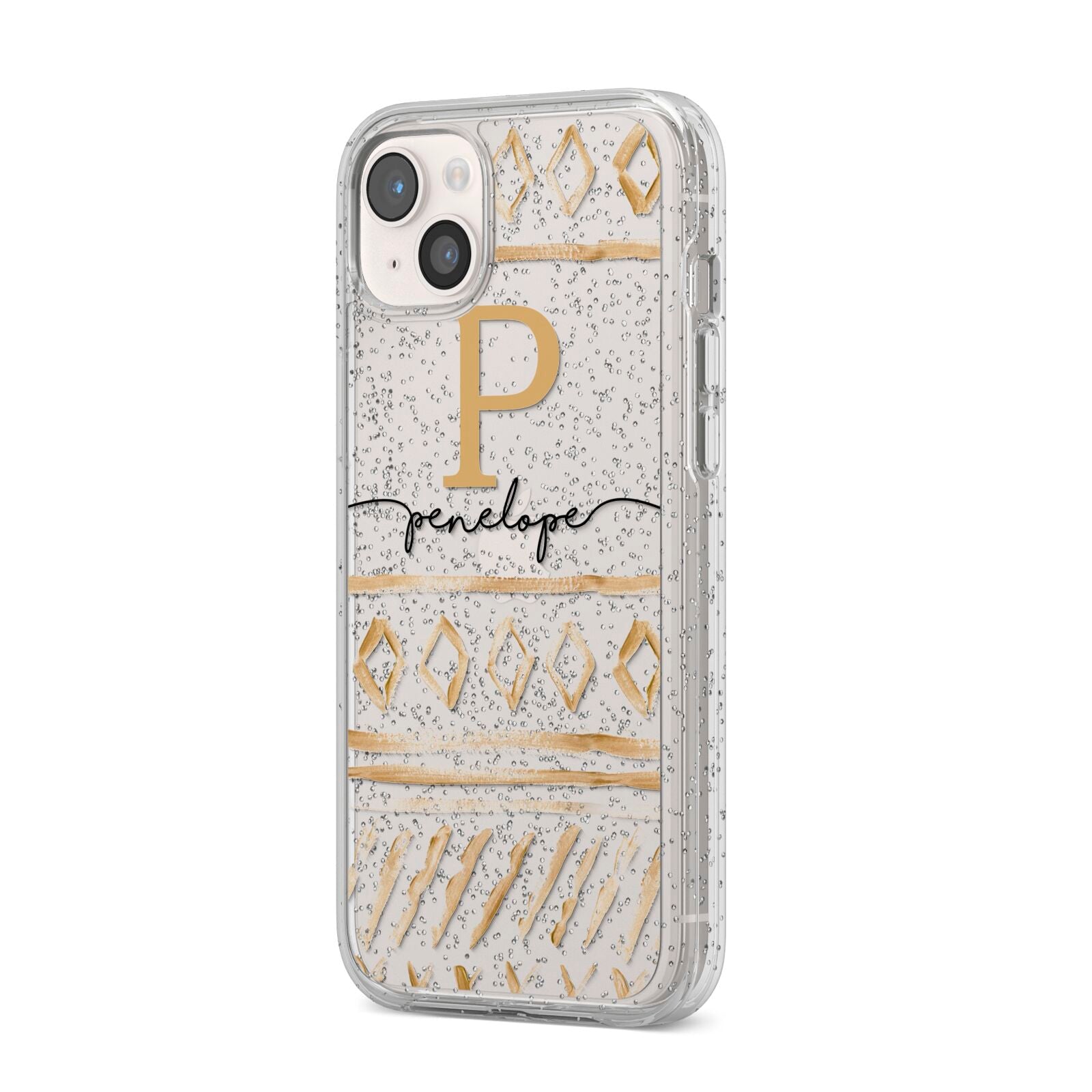 Personalised Aztec Gold iPhone 14 Plus Glitter Tough Case Starlight Angled Image