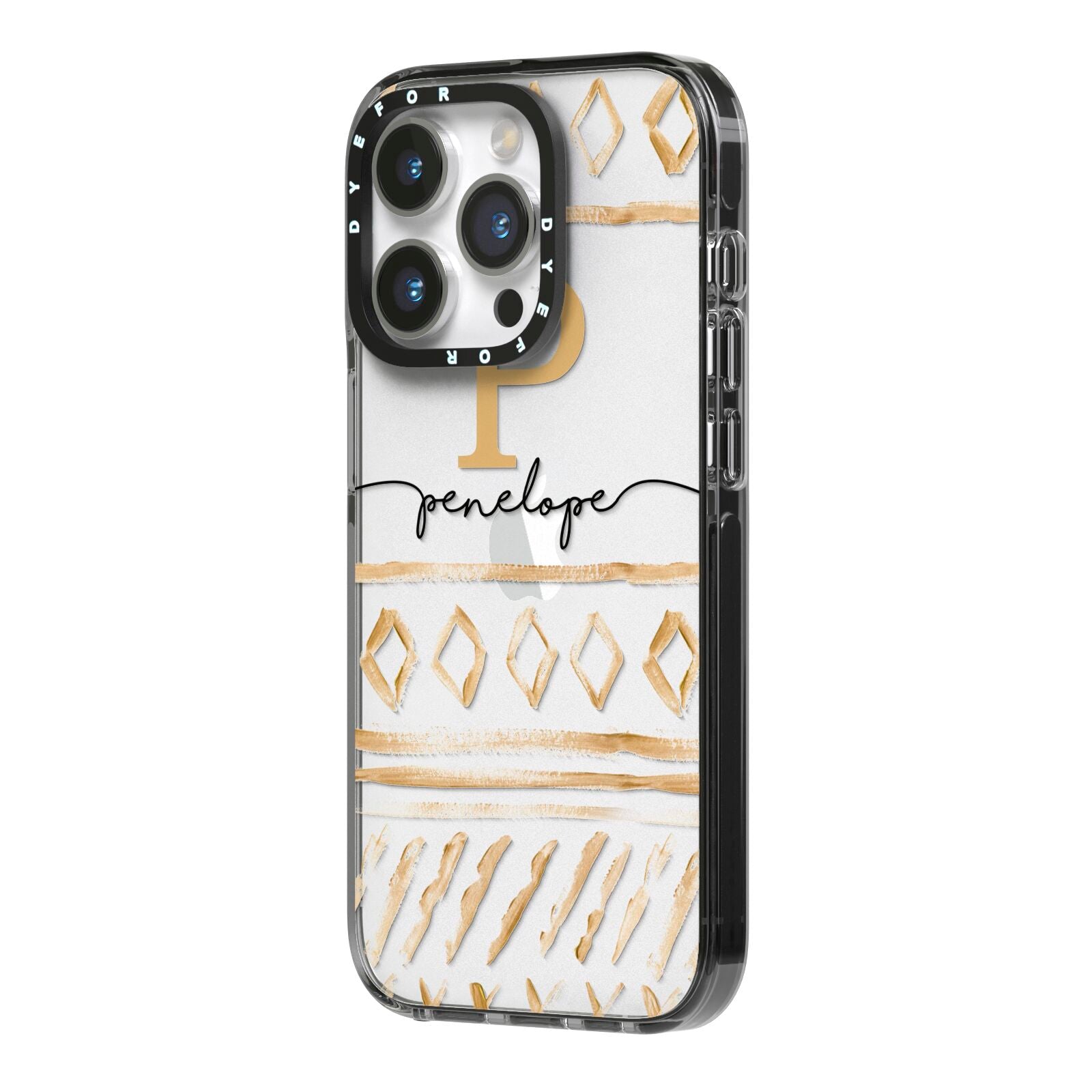 Personalised Aztec Gold iPhone 14 Pro Black Impact Case Side Angle on Silver phone