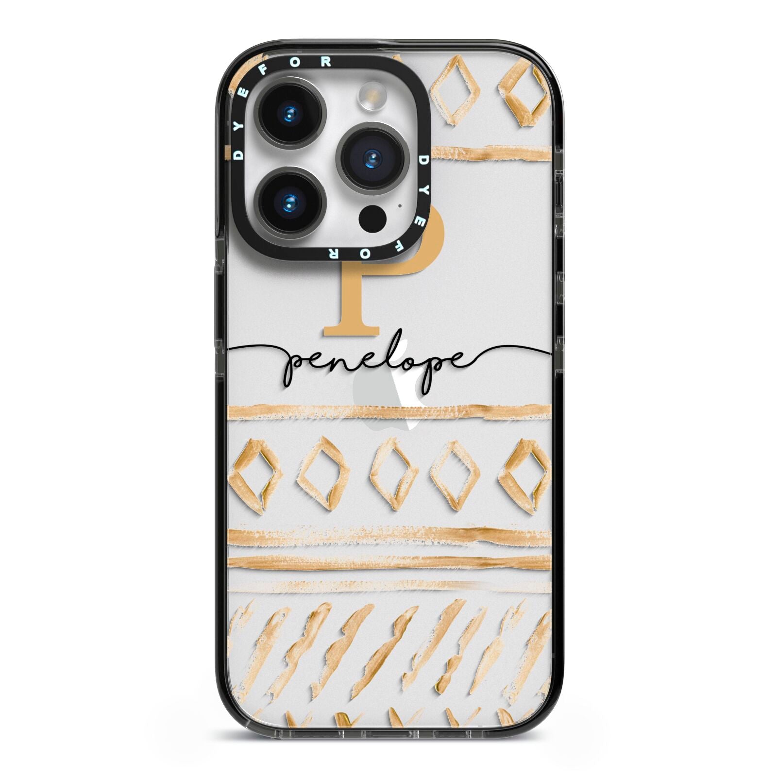 Personalised Aztec Gold iPhone 14 Pro Black Impact Case on Silver phone