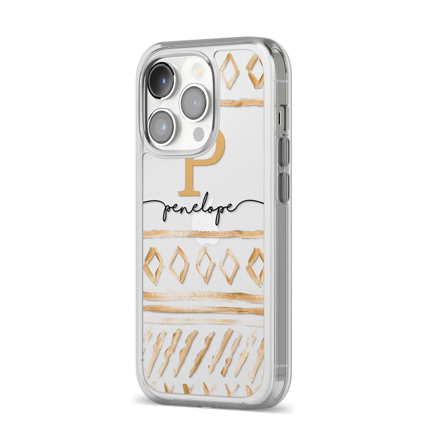 Personalised Aztec Gold iPhone 14 Pro Clear Tough Case Silver Angled Image