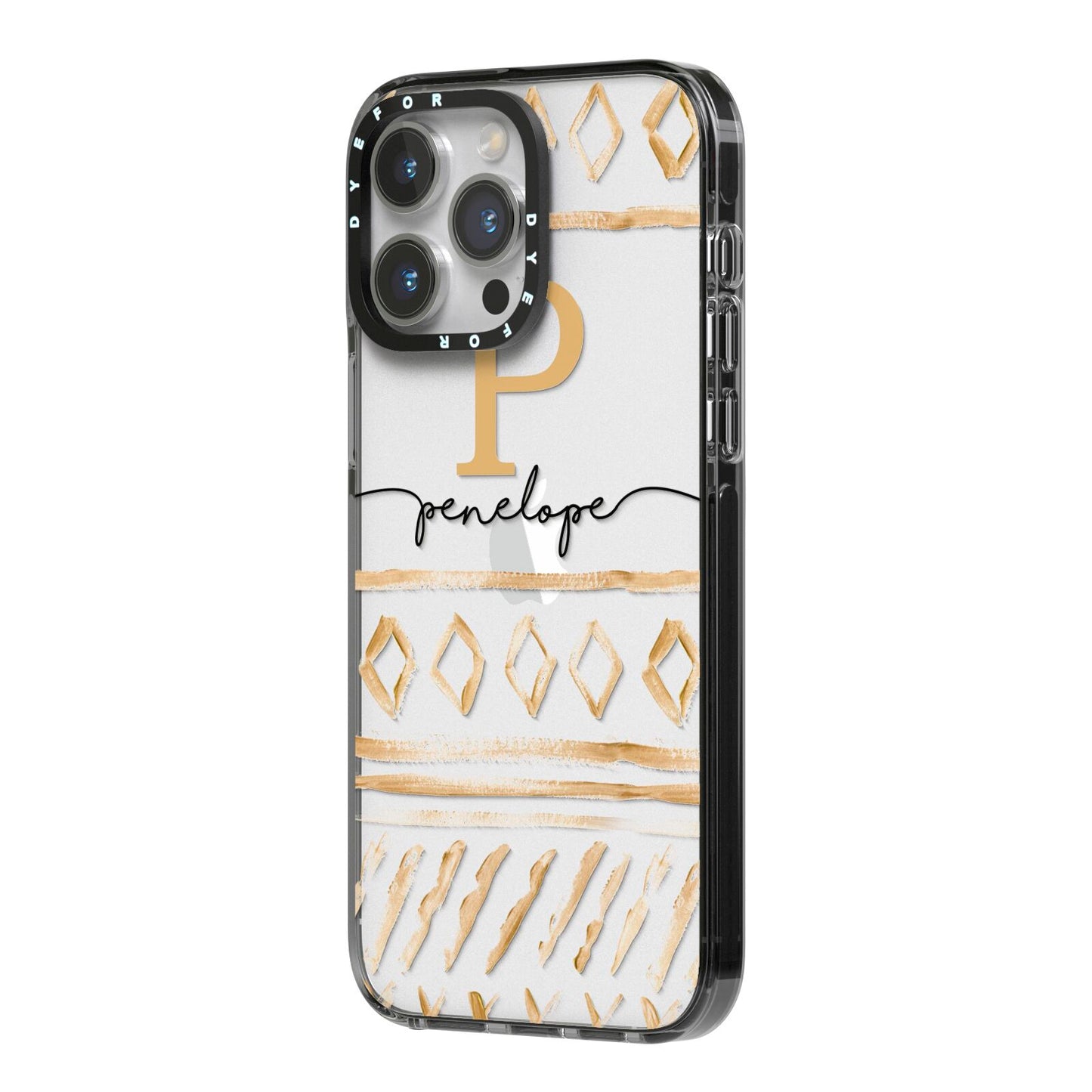 Personalised Aztec Gold iPhone 14 Pro Max Black Impact Case Side Angle on Silver phone