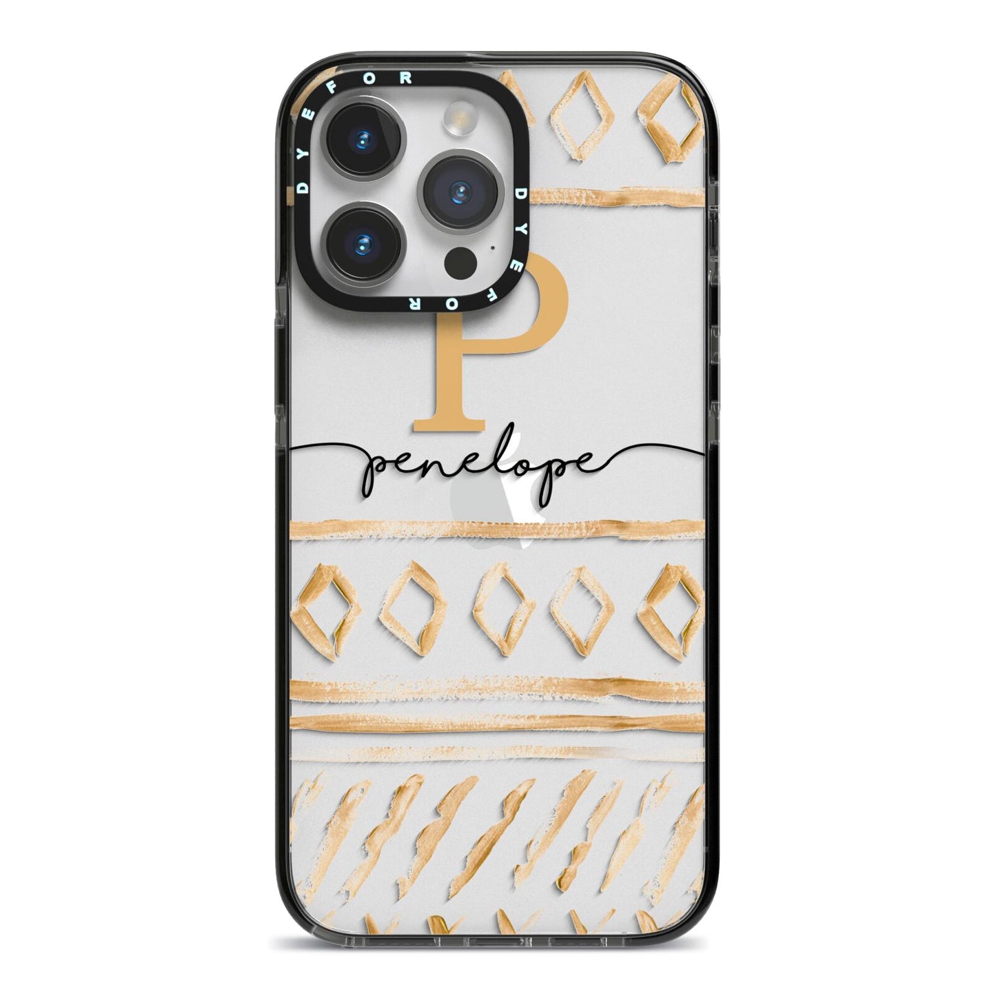 Personalised Aztec Gold iPhone 14 Pro Max Black Impact Case on Silver phone