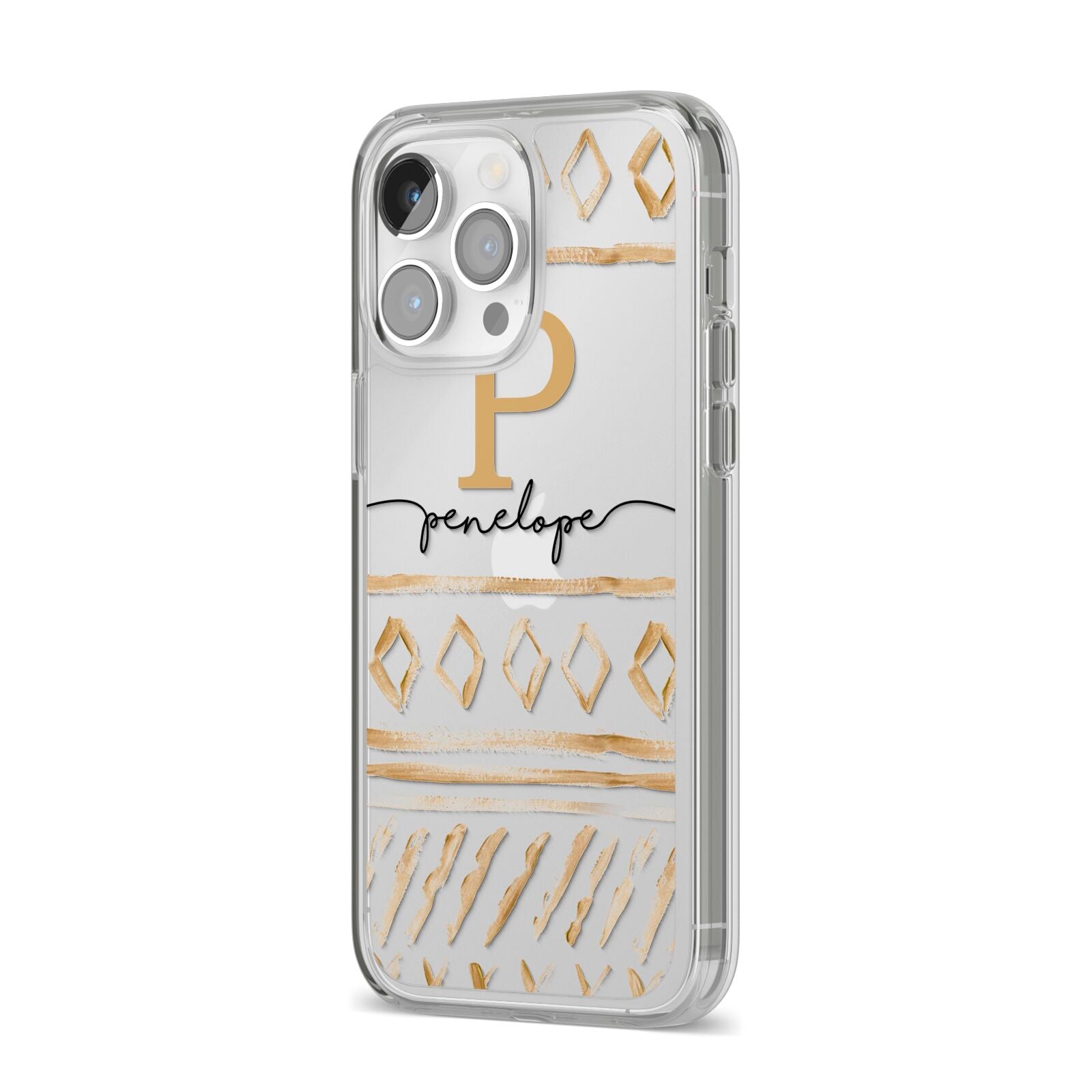 Personalised Aztec Gold iPhone 14 Pro Max Clear Tough Case Silver Angled Image