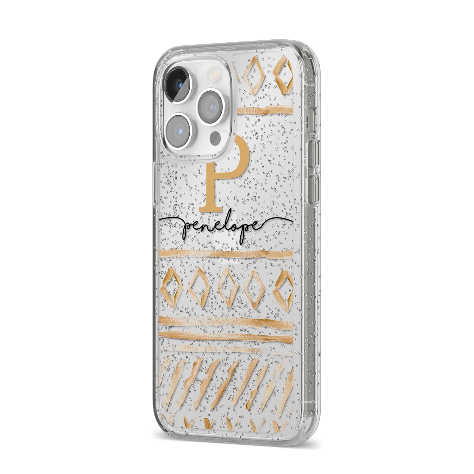 Personalised Aztec Gold iPhone 14 Pro Max Glitter Tough Case Silver Angled Image