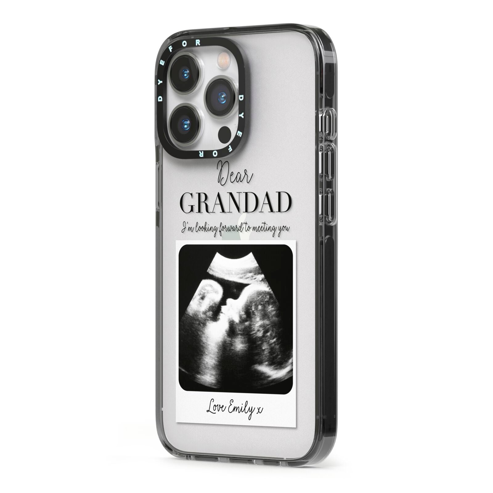 Personalised Baby Scan Photo Upload iPhone 13 Pro Black Impact Case Side Angle on Silver phone