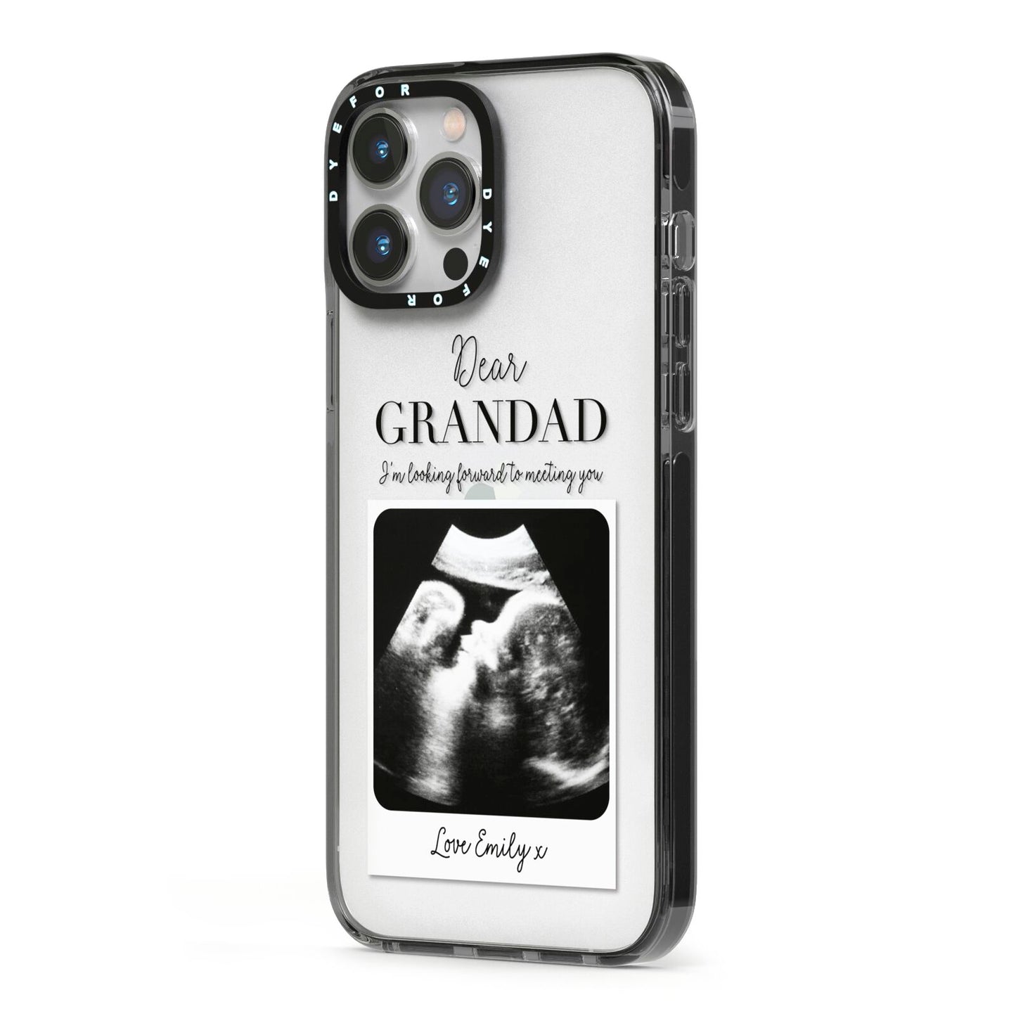 Personalised Baby Scan Photo Upload iPhone 13 Pro Max Black Impact Case Side Angle on Silver phone