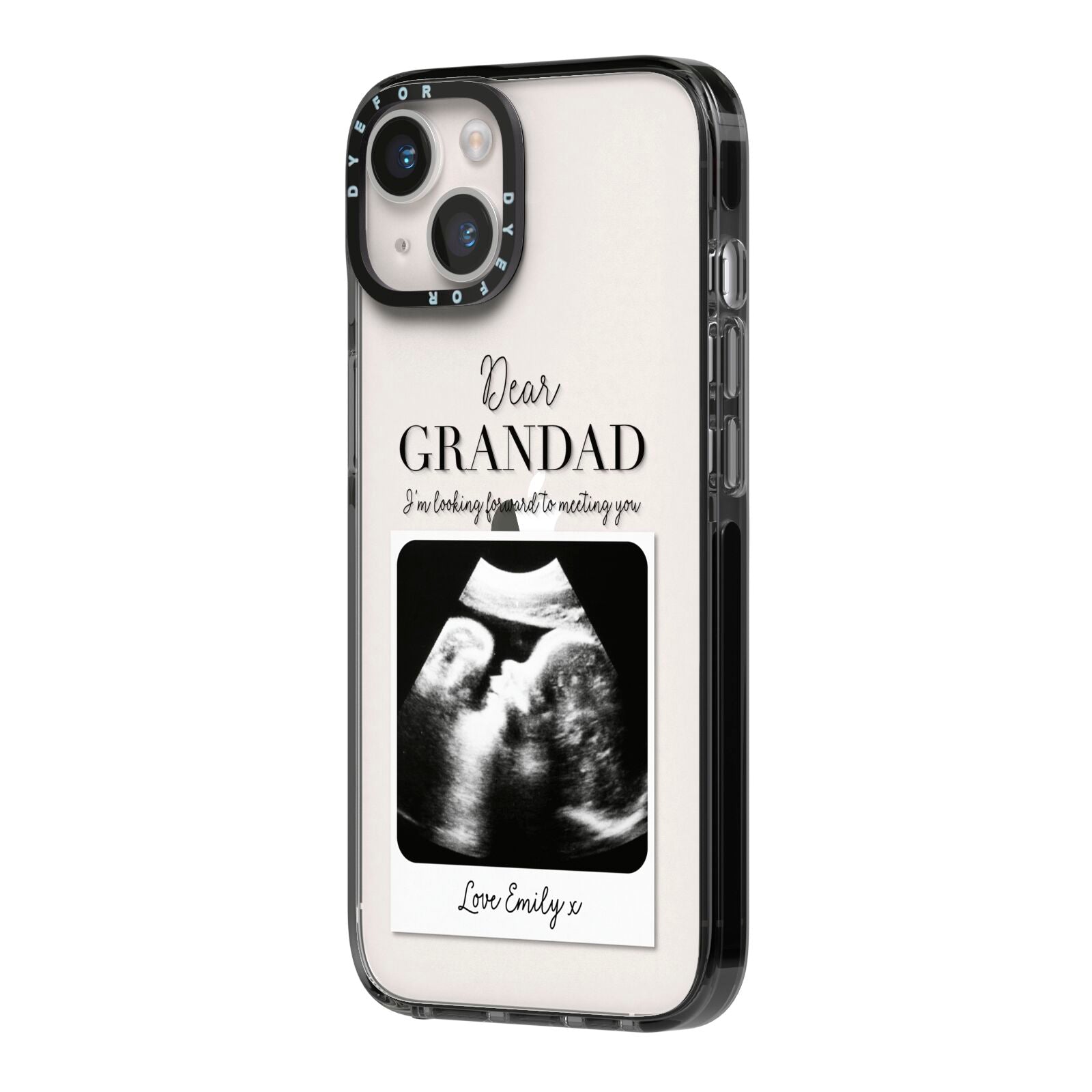 Personalised Baby Scan Photo Upload iPhone 14 Black Impact Case Side Angle on Silver phone