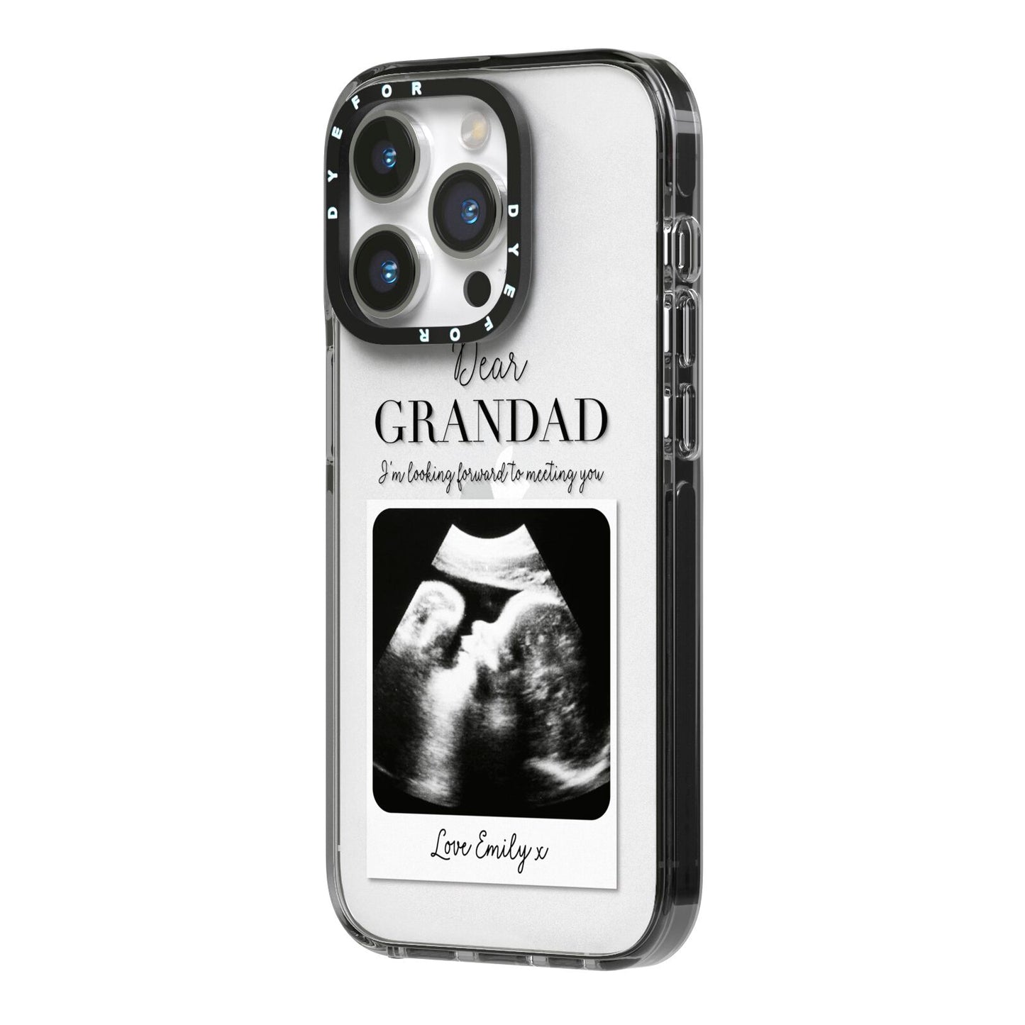 Personalised Baby Scan Photo Upload iPhone 14 Pro Black Impact Case Side Angle on Silver phone