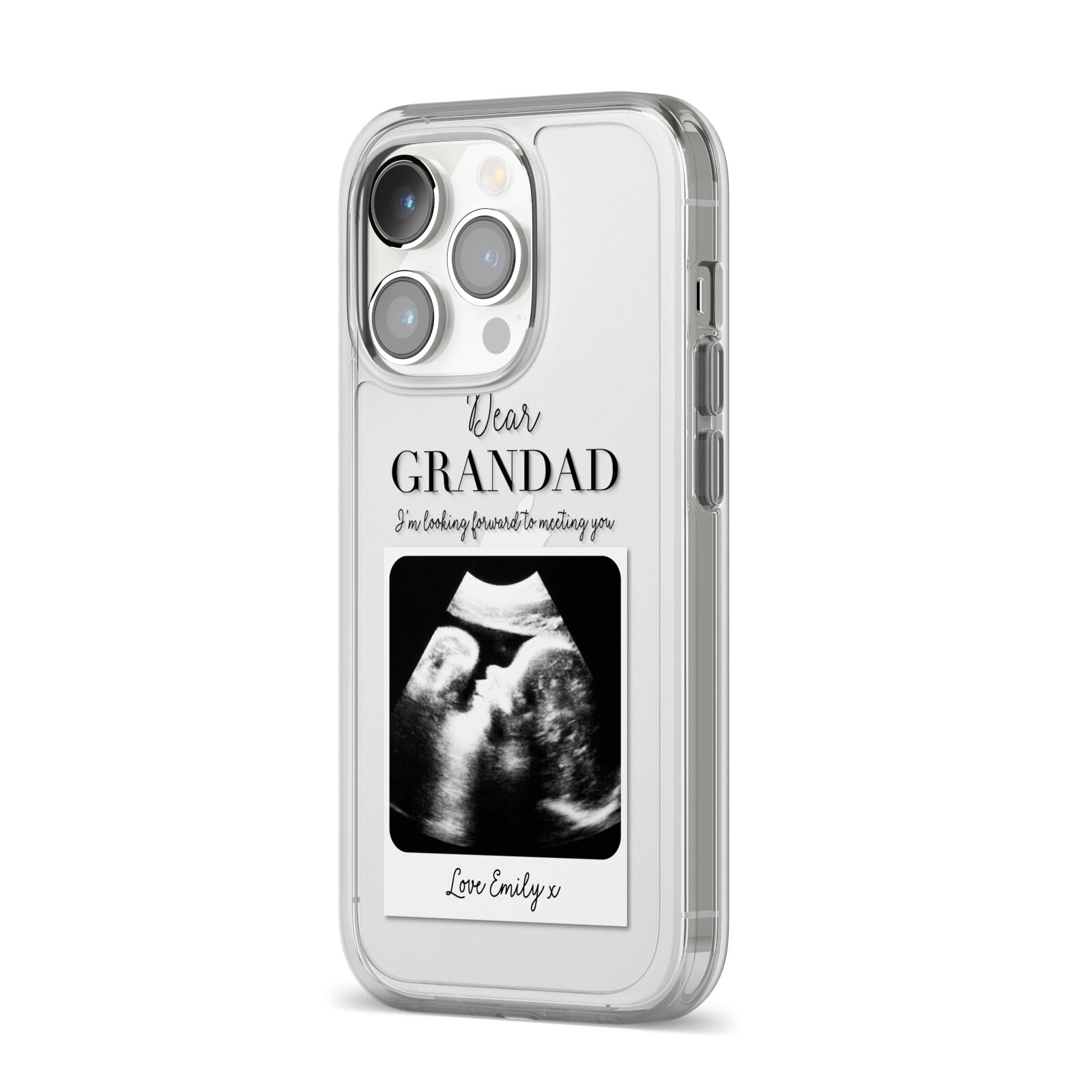 Personalised Baby Scan Photo Upload iPhone 14 Pro Clear Tough Case Silver Angled Image