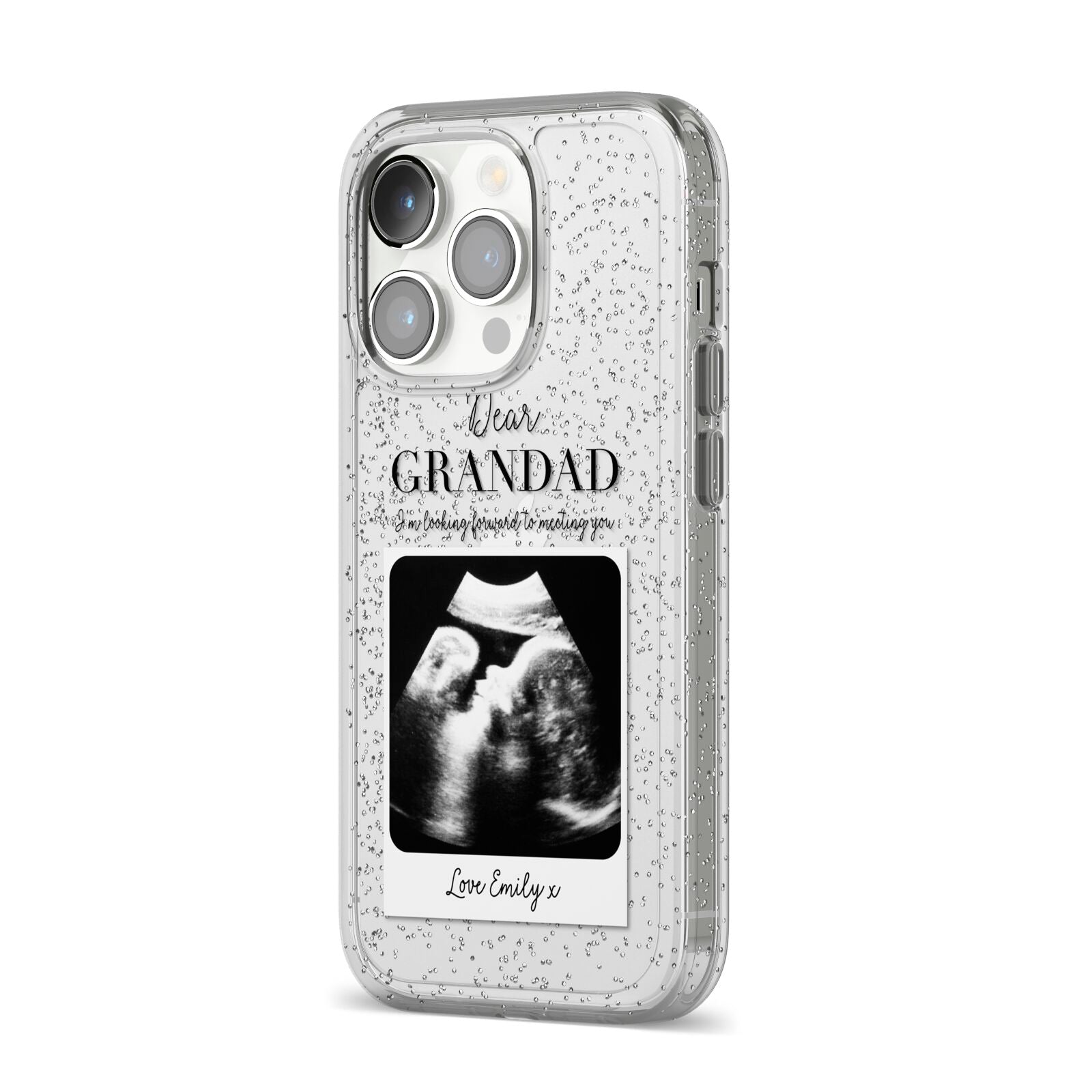 Personalised Baby Scan Photo Upload iPhone 14 Pro Glitter Tough Case Silver Angled Image