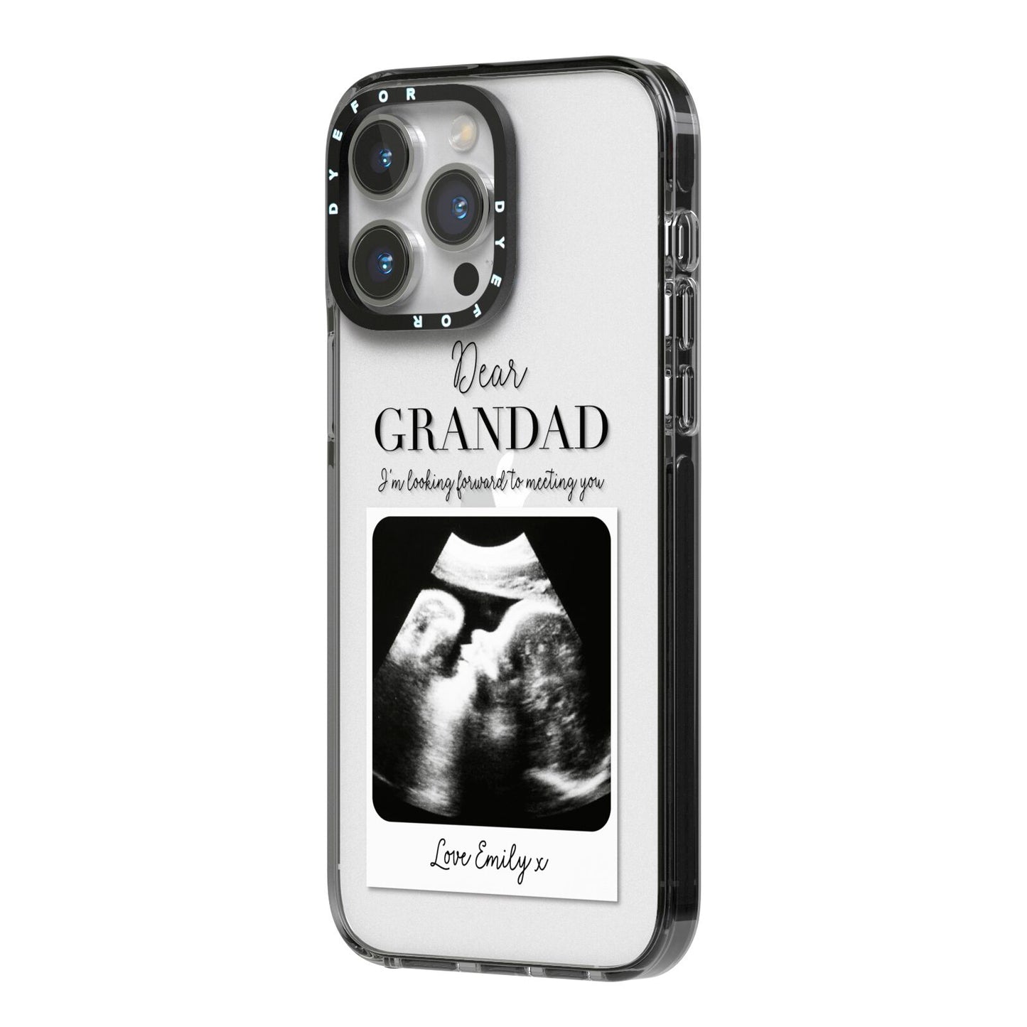 Personalised Baby Scan Photo Upload iPhone 14 Pro Max Black Impact Case Side Angle on Silver phone