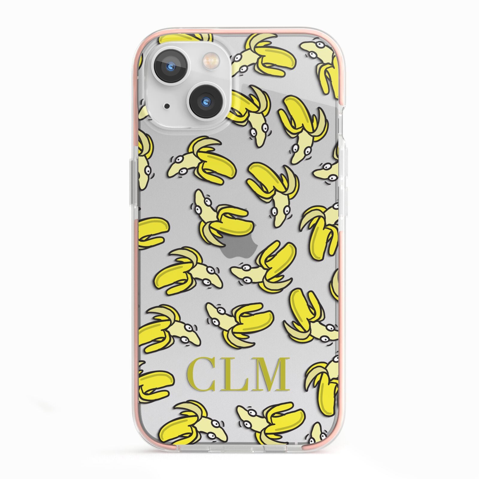 Personalised Banana Initials Clear iPhone 13 TPU Impact Case with Pink Edges