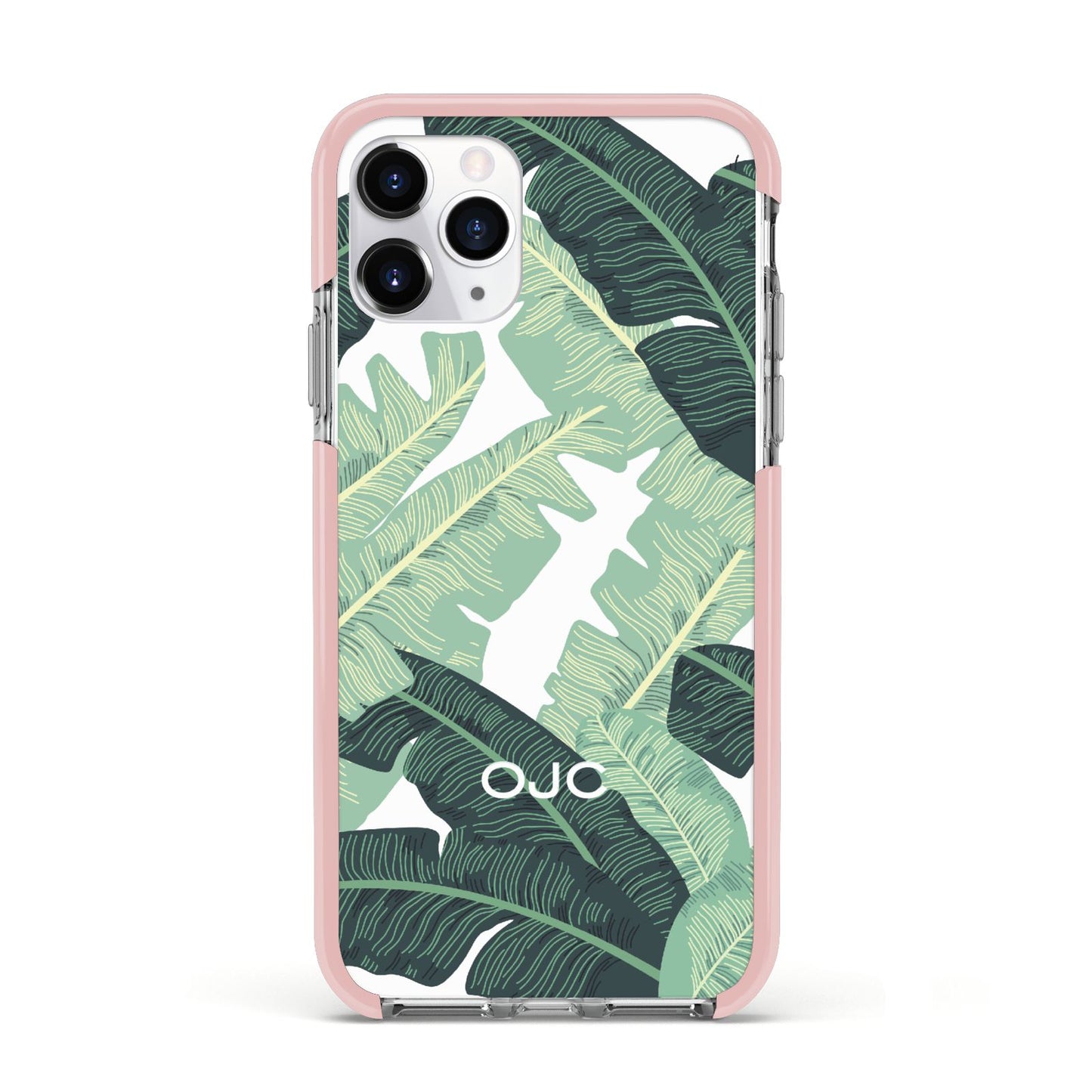 Personalised Banana Leaves Apple iPhone 11 Pro in Silver with Pink Impact Case