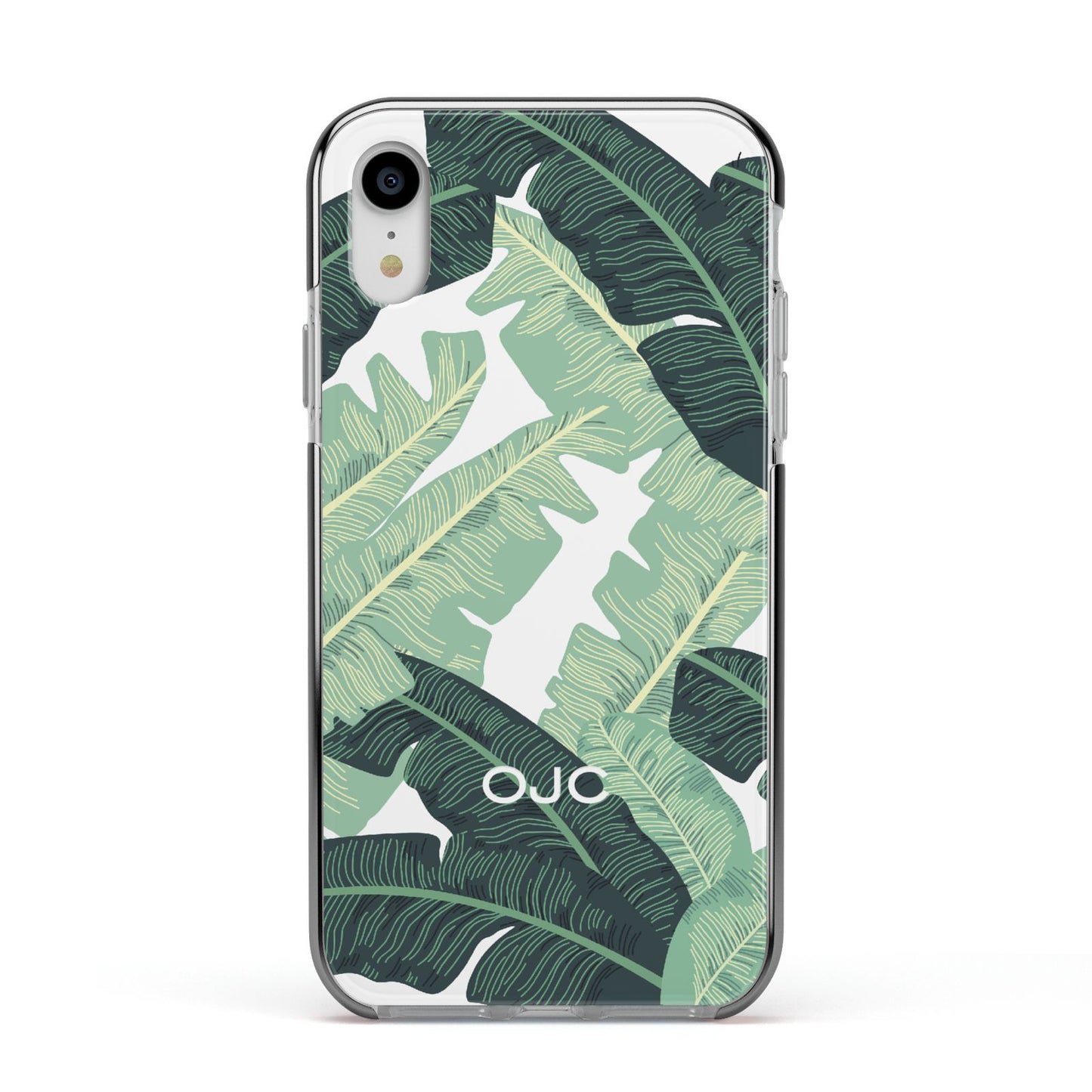 Personalised Banana Leaves Apple iPhone XR Impact Case Black Edge on Silver Phone