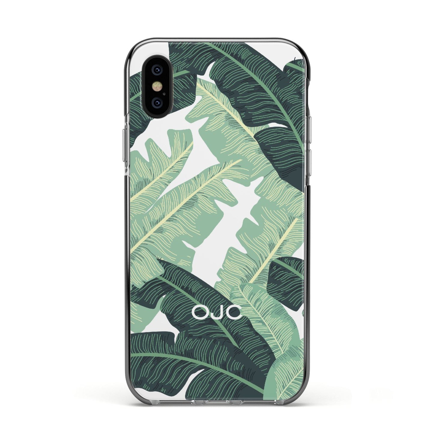 Personalised Banana Leaves Apple iPhone Xs Impact Case Black Edge on Black Phone