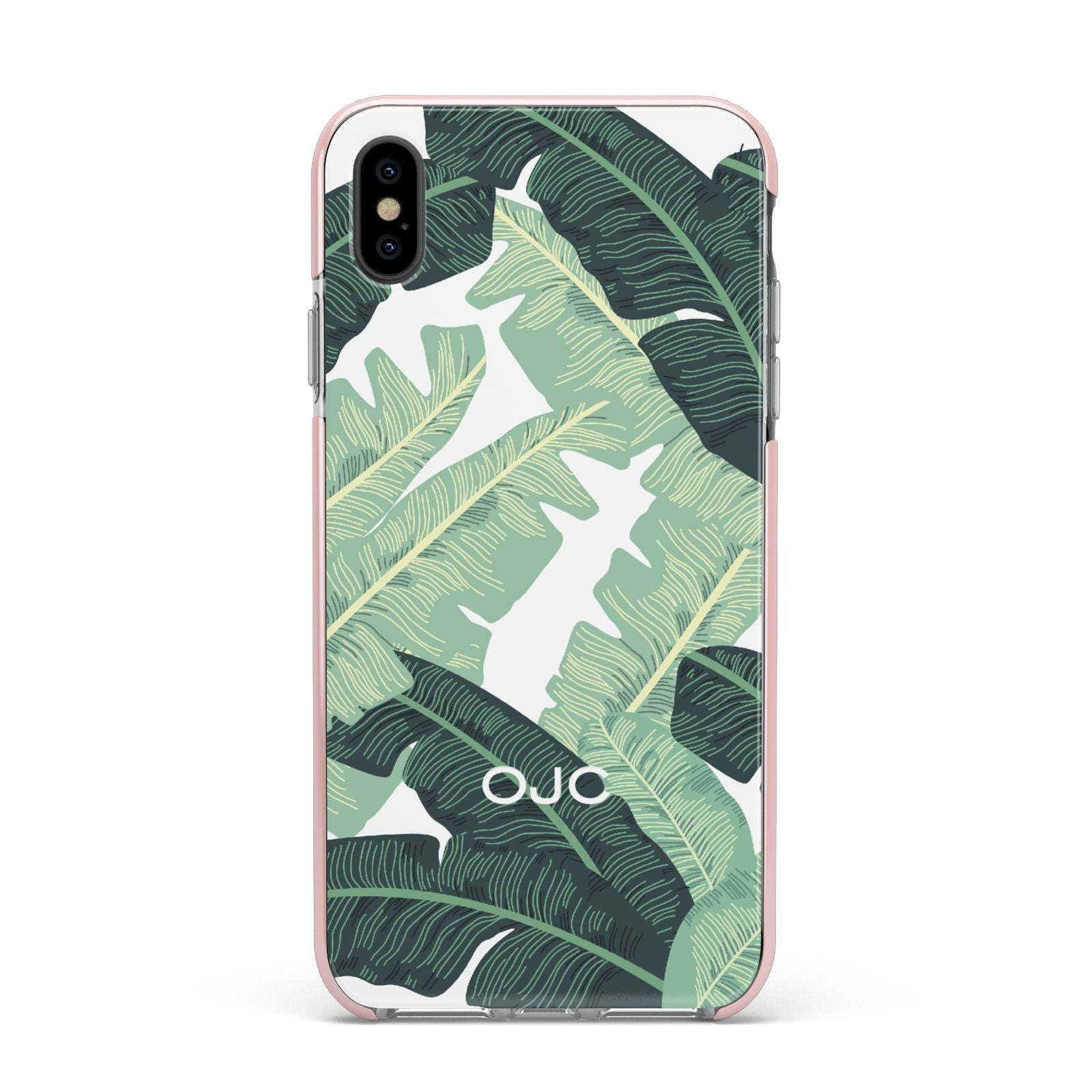 Personalised Banana Leaves Apple iPhone Xs Max Impact Case Pink Edge on Black Phone