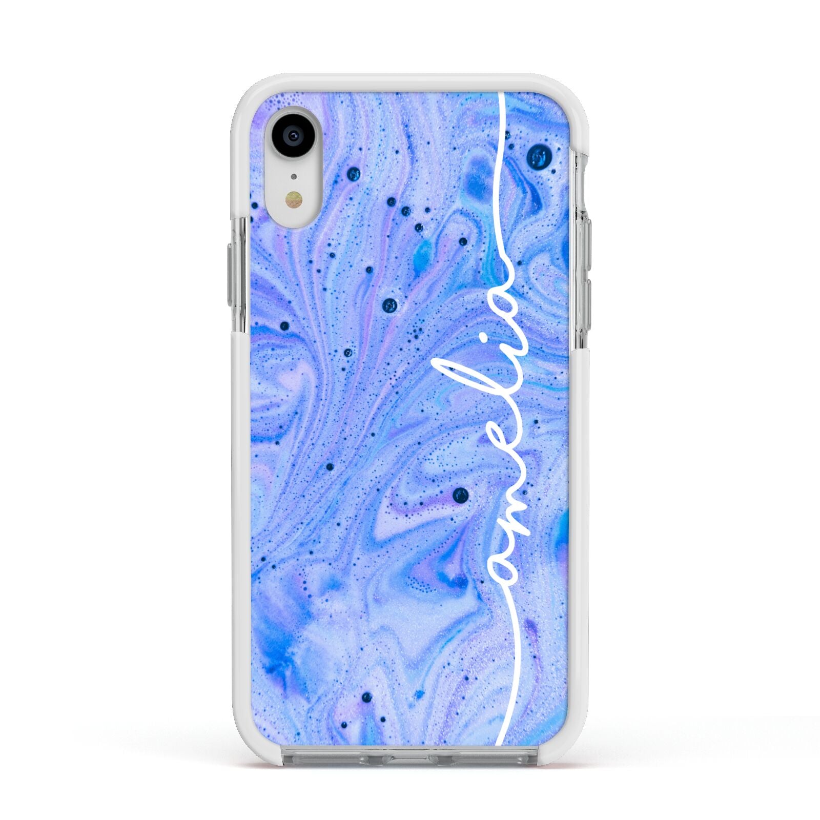 Personalised Bath Bomb Apple iPhone XR Impact Case White Edge on Silver Phone