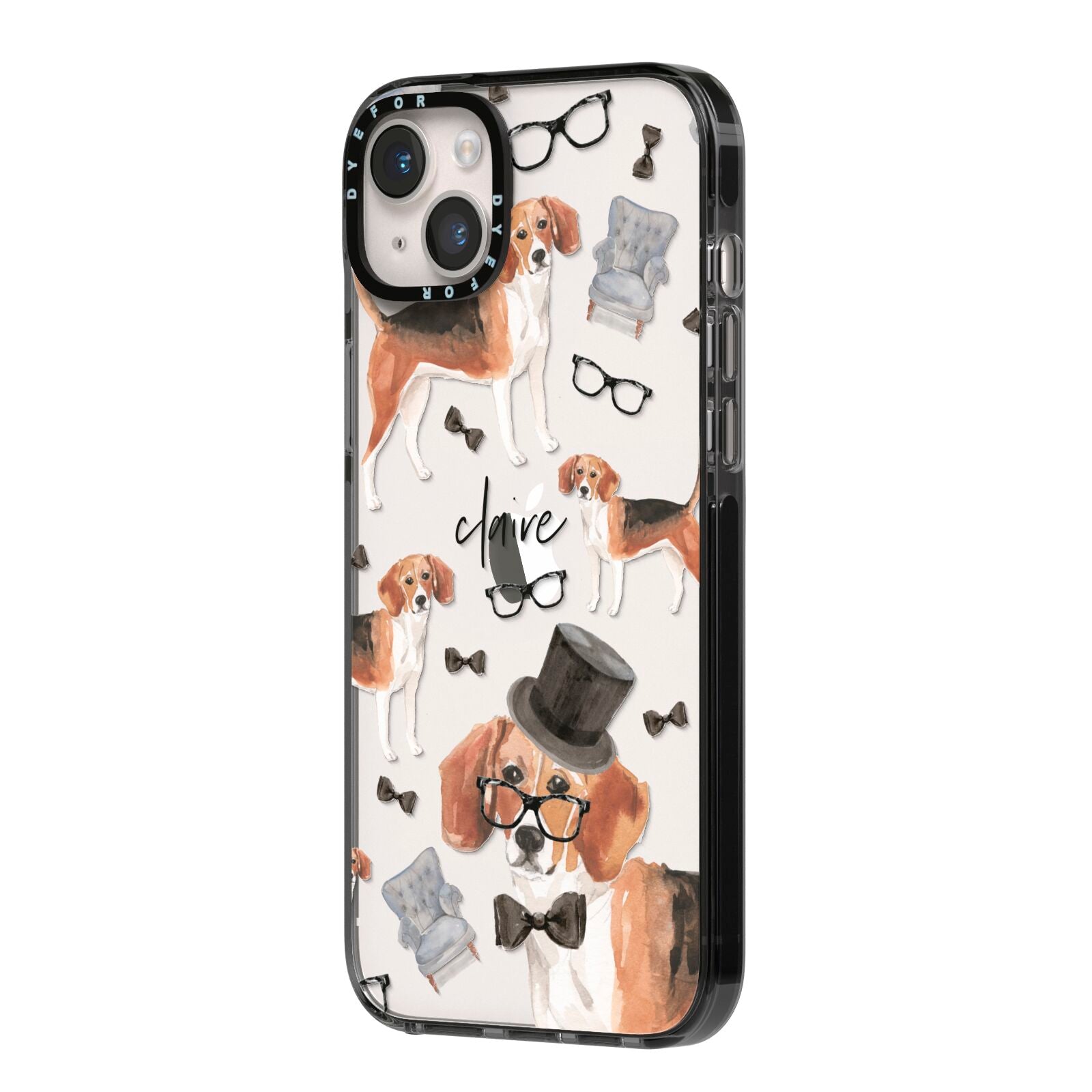 Personalised Beagle Dog iPhone 14 Plus Black Impact Case Side Angle on Silver phone