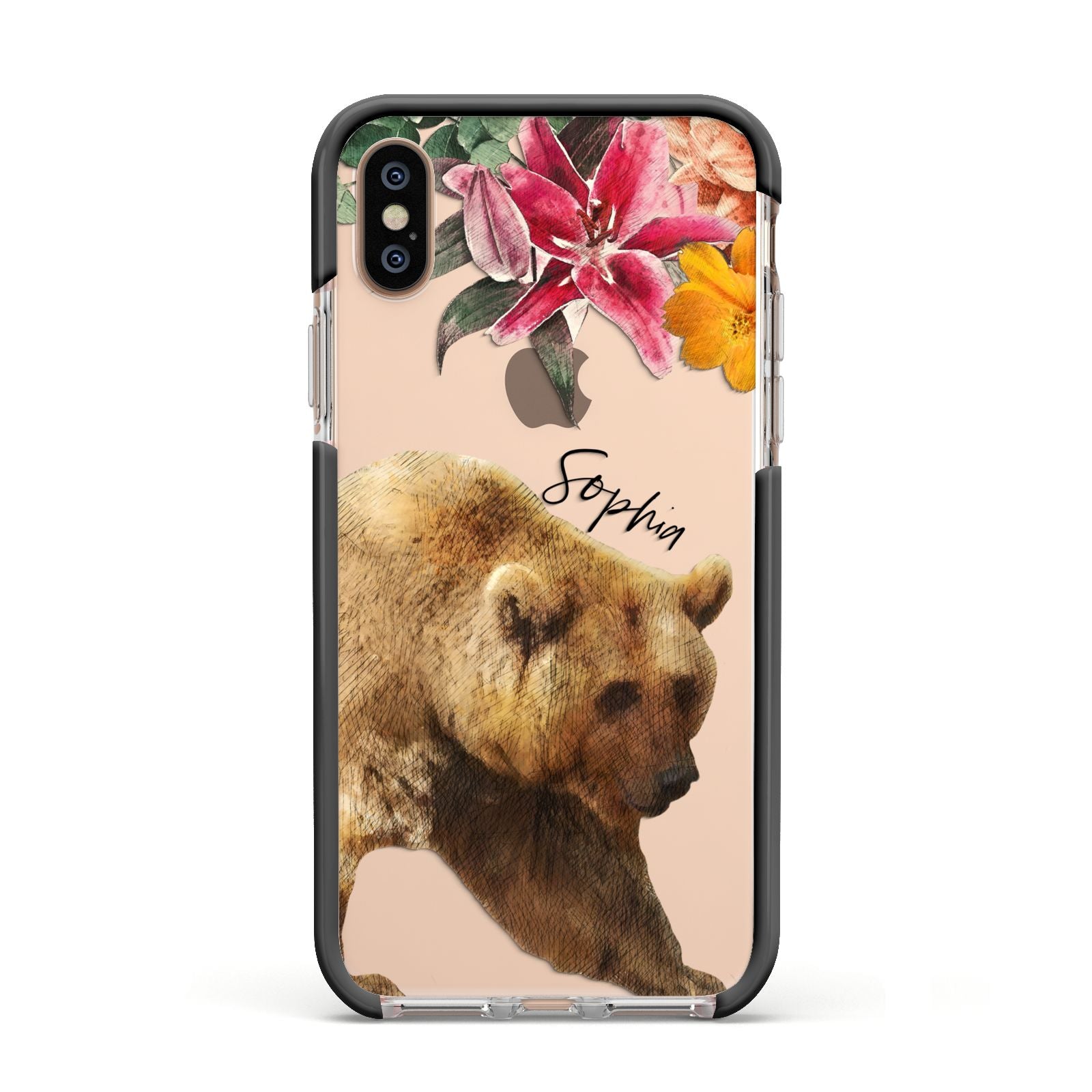 Personalised Bear Apple iPhone Xs Impact Case Black Edge on Gold Phone