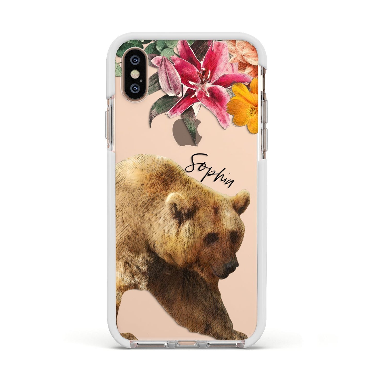 Personalised Bear Apple iPhone Xs Impact Case White Edge on Gold Phone