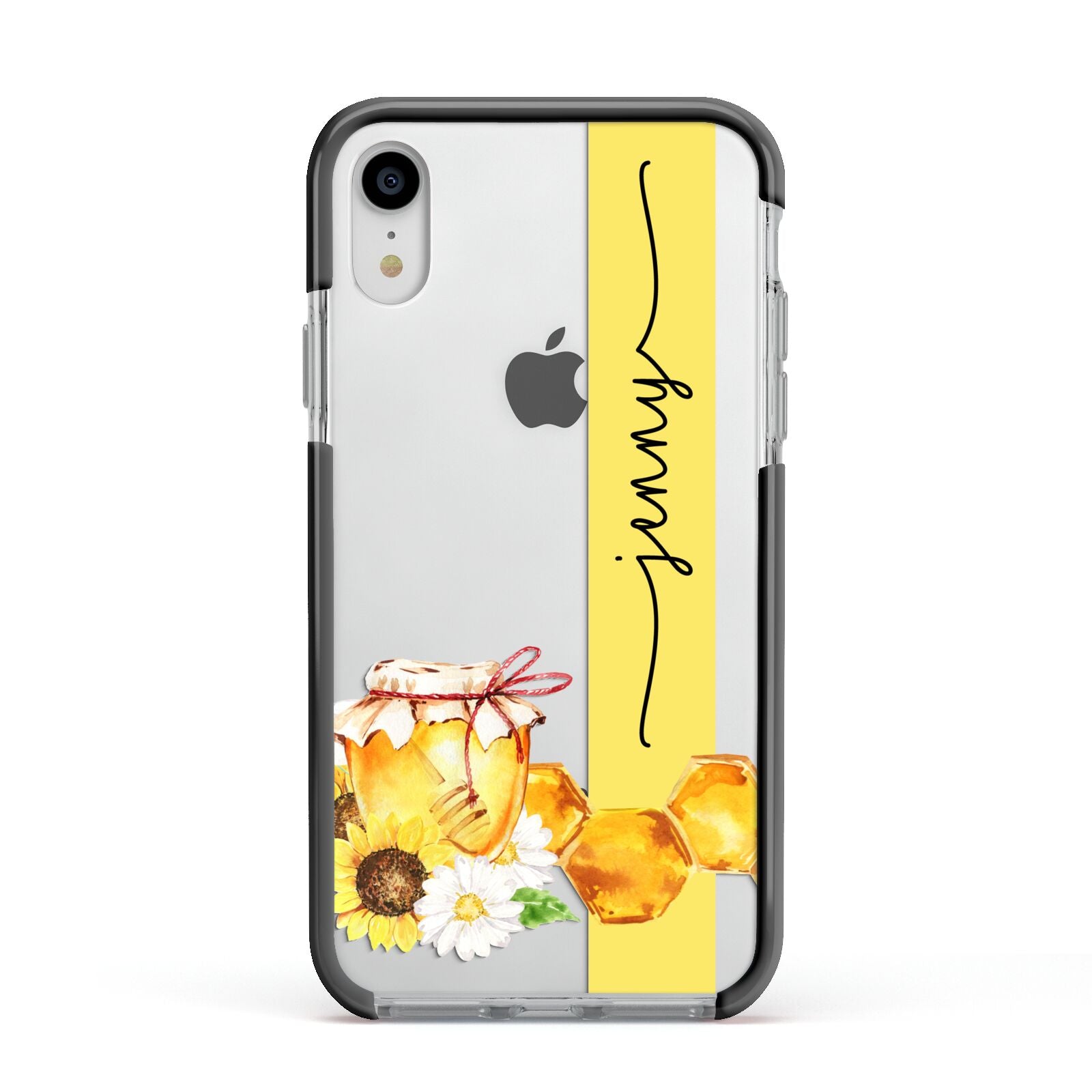 Personalised Bees Honeycomb Apple iPhone XR Impact Case Black Edge on Silver Phone