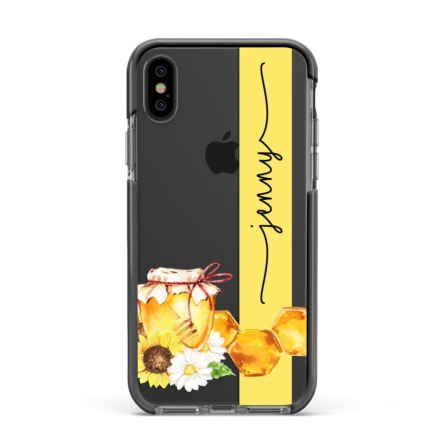 Personalised Bees Honeycomb Apple iPhone Xs Impact Case Black Edge on Black Phone