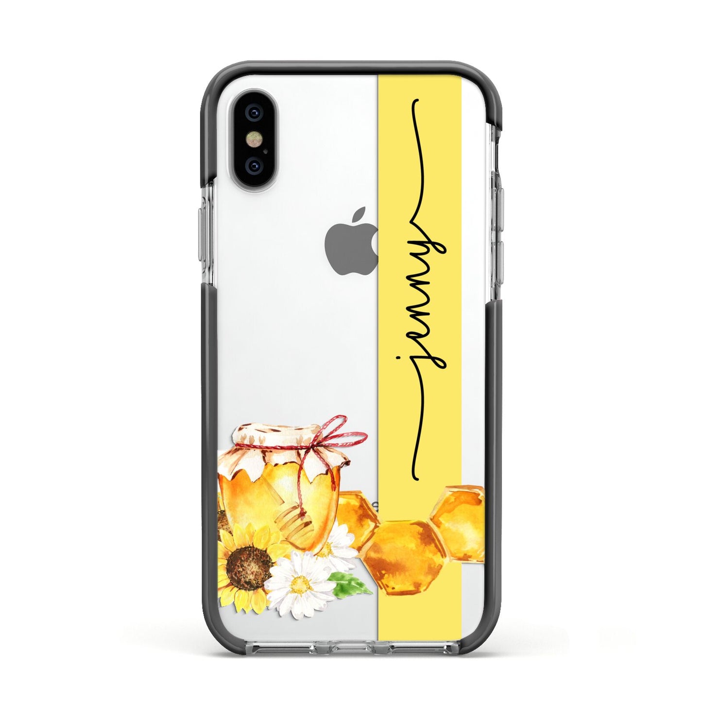 Personalised Bees Honeycomb Apple iPhone Xs Impact Case Black Edge on Silver Phone