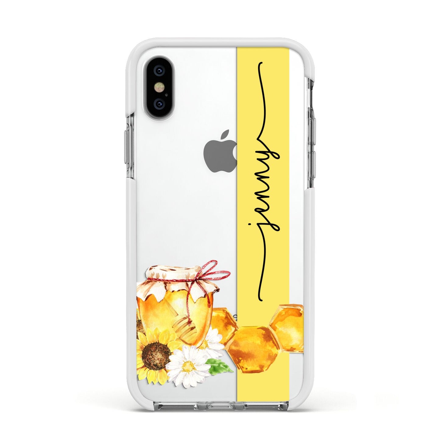 Personalised Bees Honeycomb Apple iPhone Xs Impact Case White Edge on Silver Phone