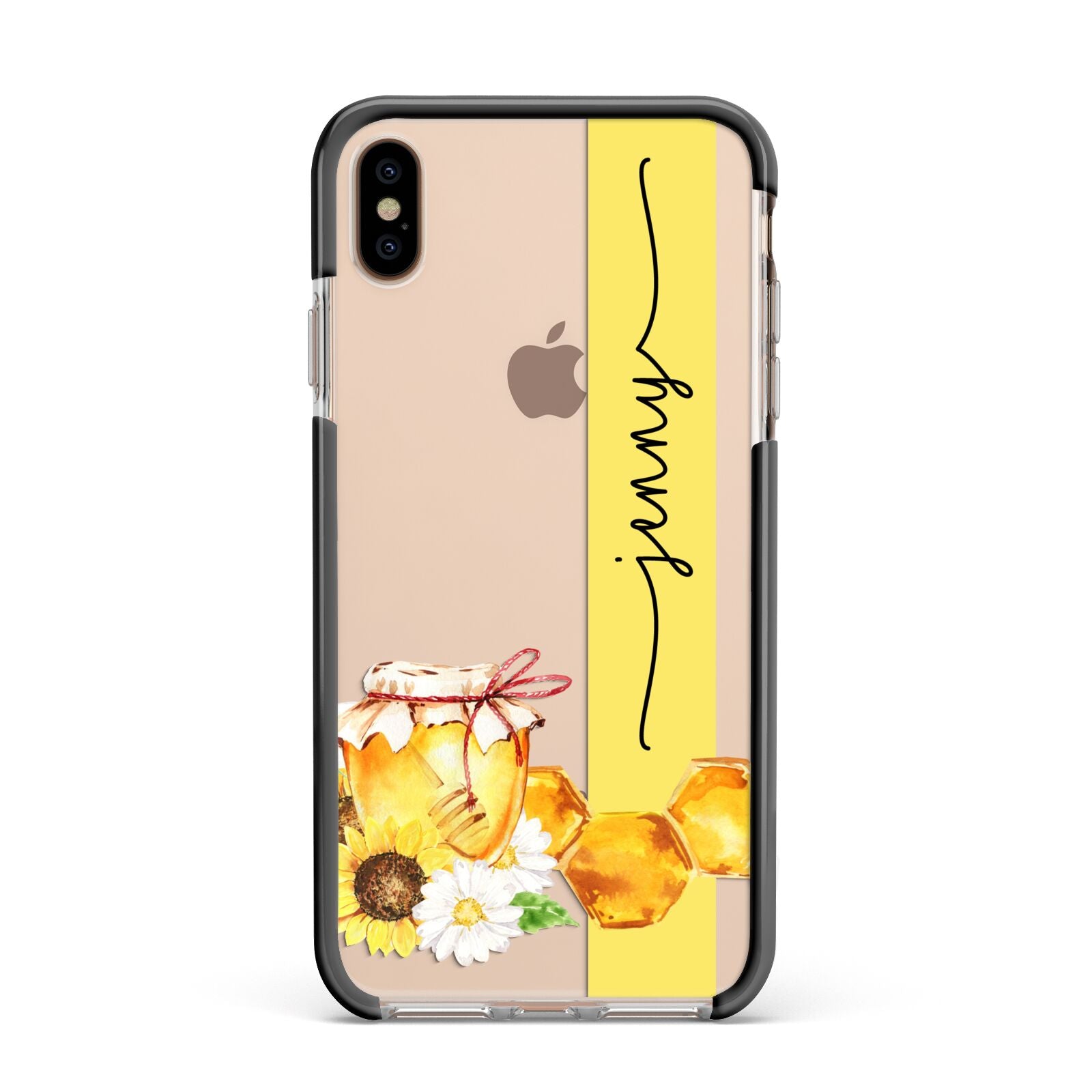 Personalised Bees Honeycomb Apple iPhone Xs Max Impact Case Black Edge on Gold Phone