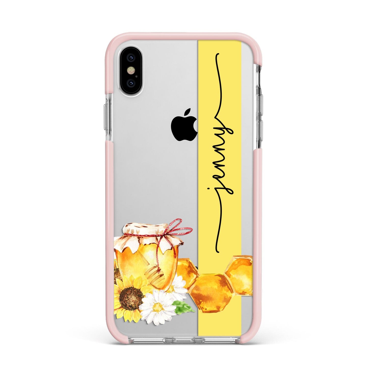 Personalised Bees Honeycomb Apple iPhone Xs Max Impact Case Pink Edge on Silver Phone