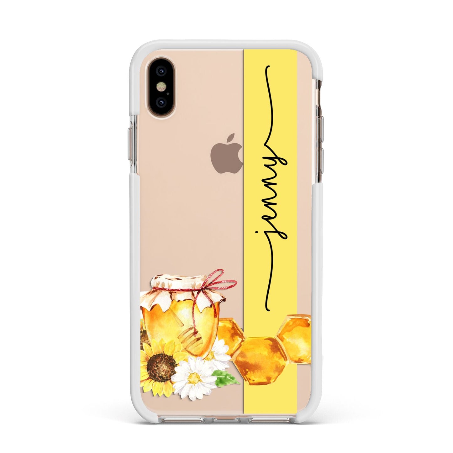 Personalised Bees Honeycomb Apple iPhone Xs Max Impact Case White Edge on Gold Phone