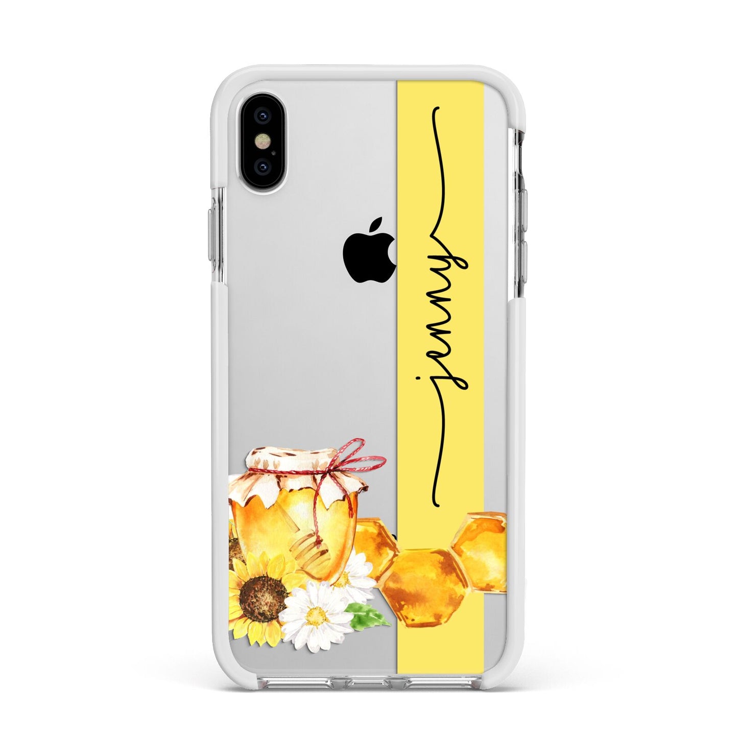 Personalised Bees Honeycomb Apple iPhone Xs Max Impact Case White Edge on Silver Phone