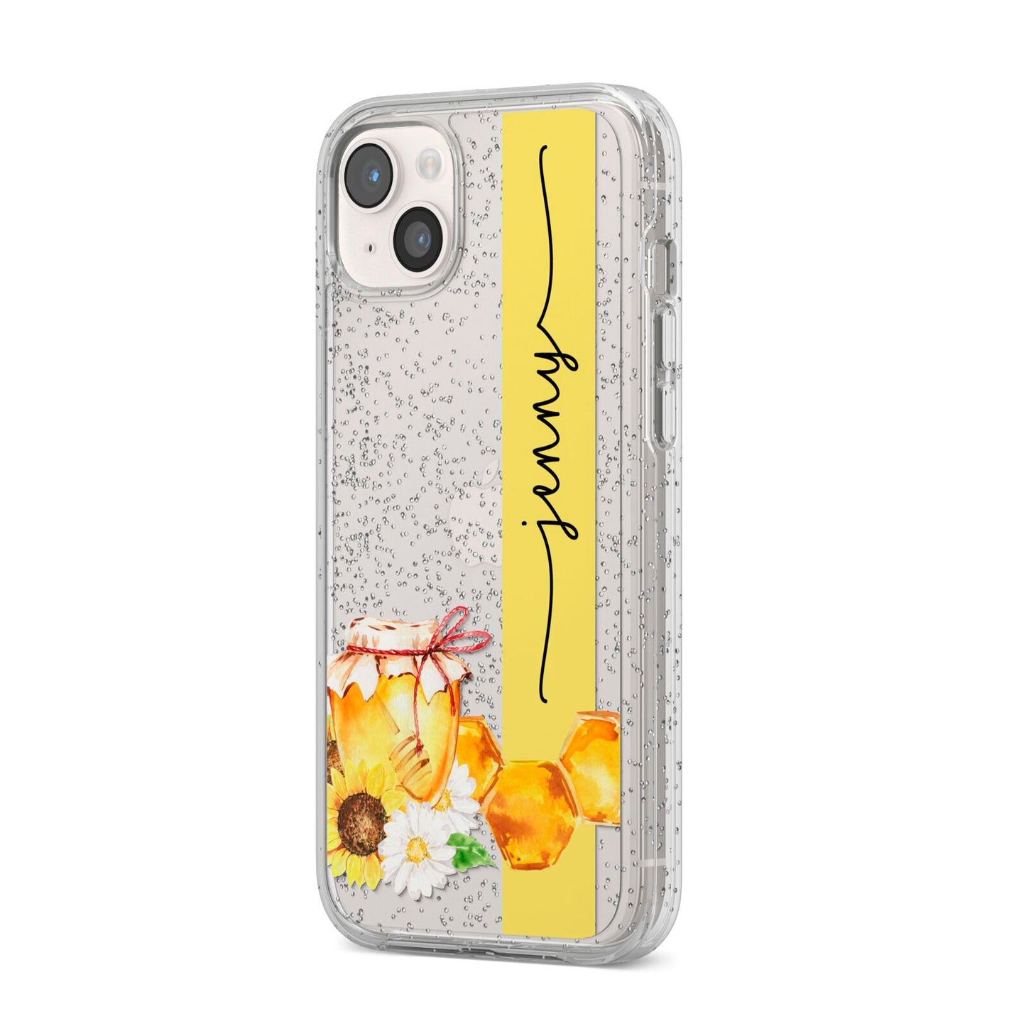 Personalised Bees Honeycomb iPhone 14 Plus Glitter Tough Case Starlight Angled Image