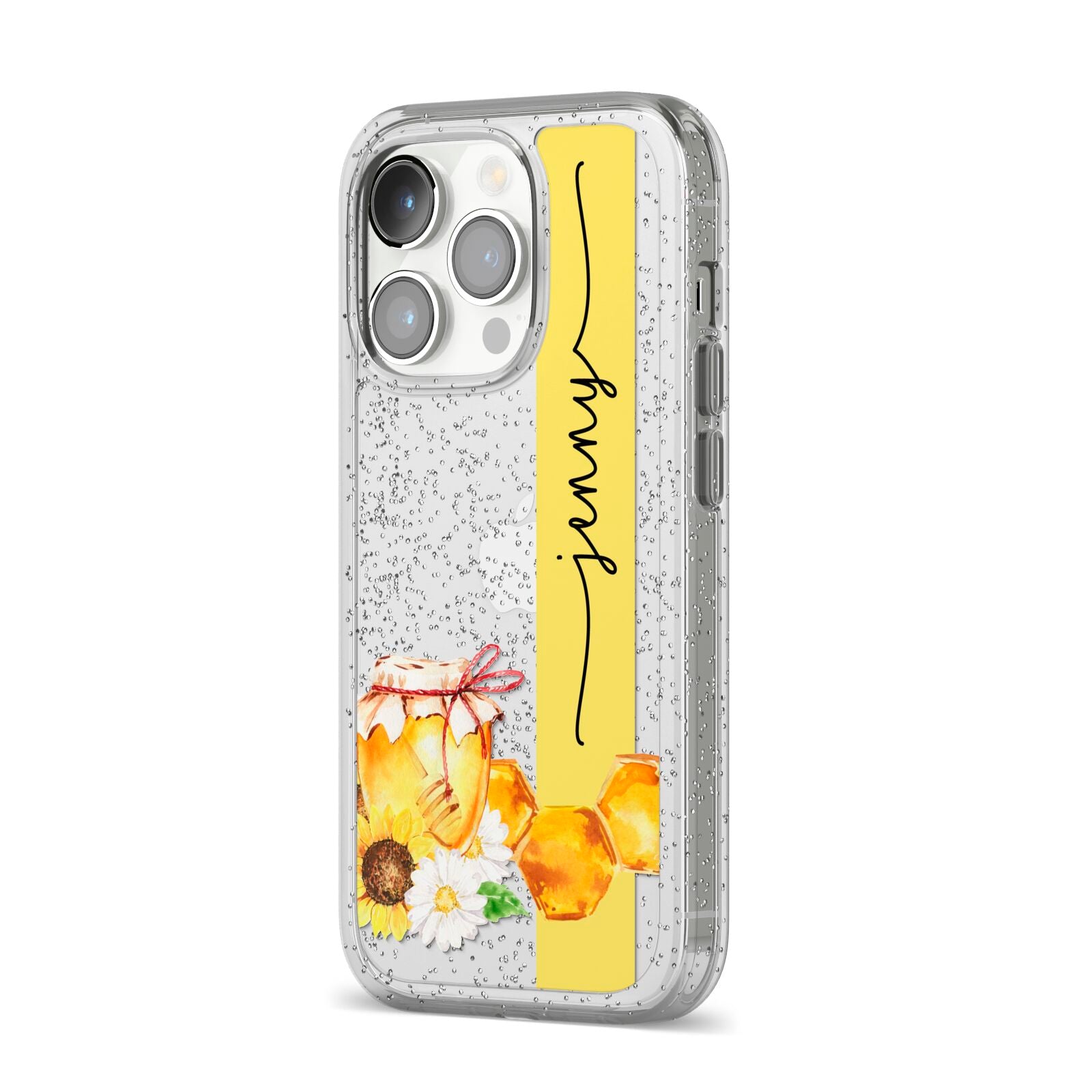 Personalised Bees Honeycomb iPhone 14 Pro Glitter Tough Case Silver Angled Image