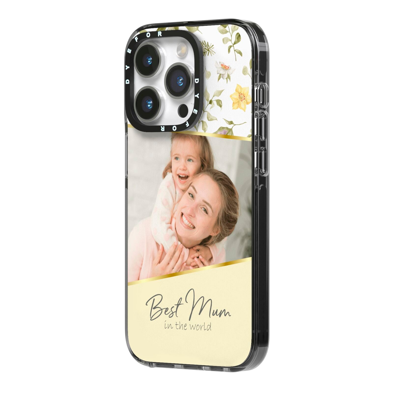 Personalised Best Mum iPhone 14 Pro Black Impact Case Side Angle on Silver phone
