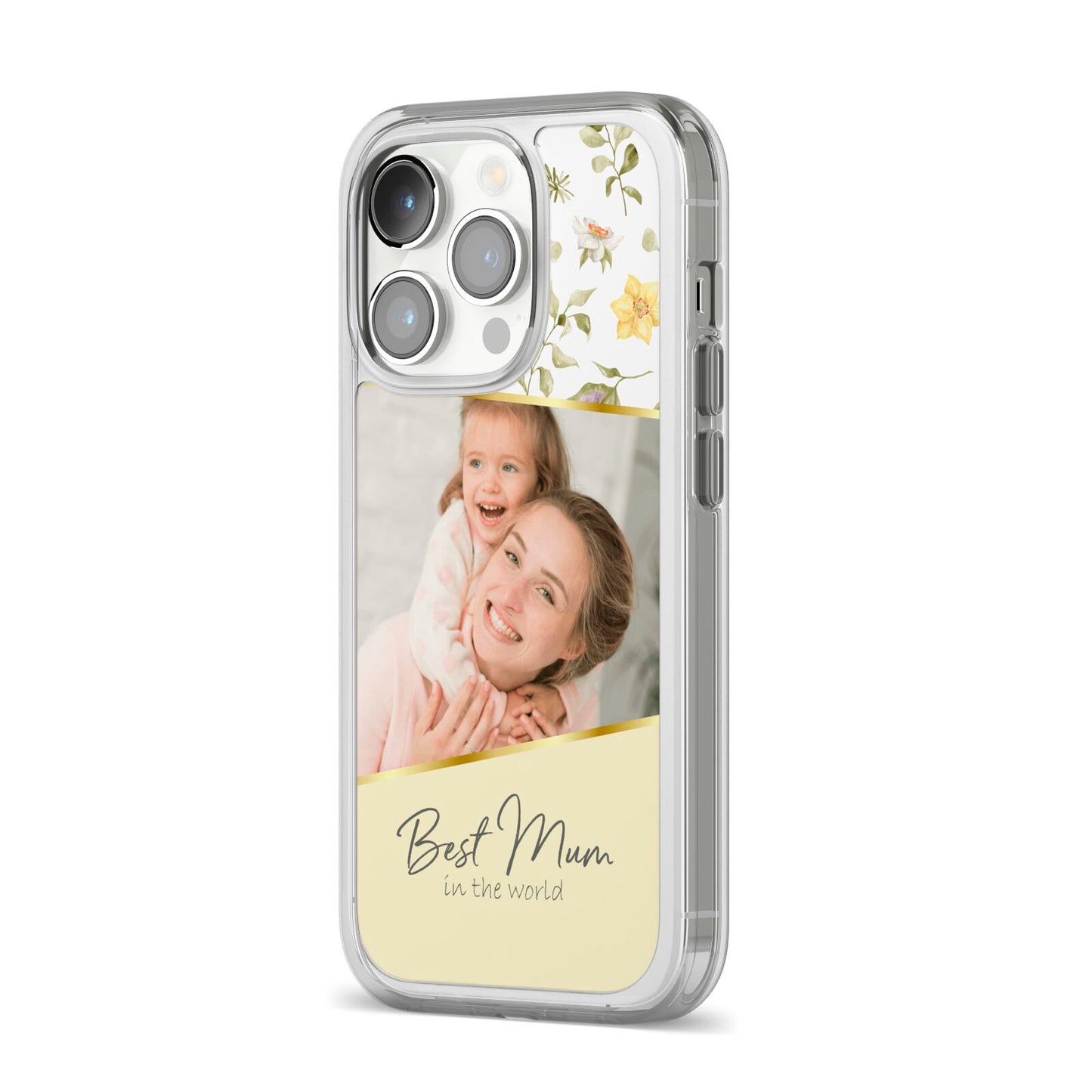 Personalised Best Mum iPhone 14 Pro Clear Tough Case Silver Angled Image