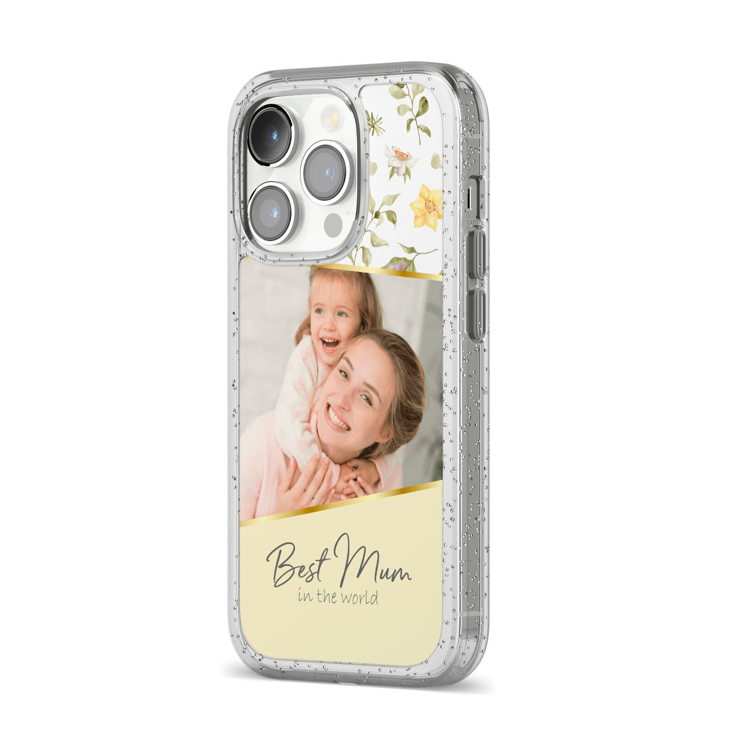Personalised Best Mum iPhone 14 Pro Glitter Tough Case Silver Angled Image