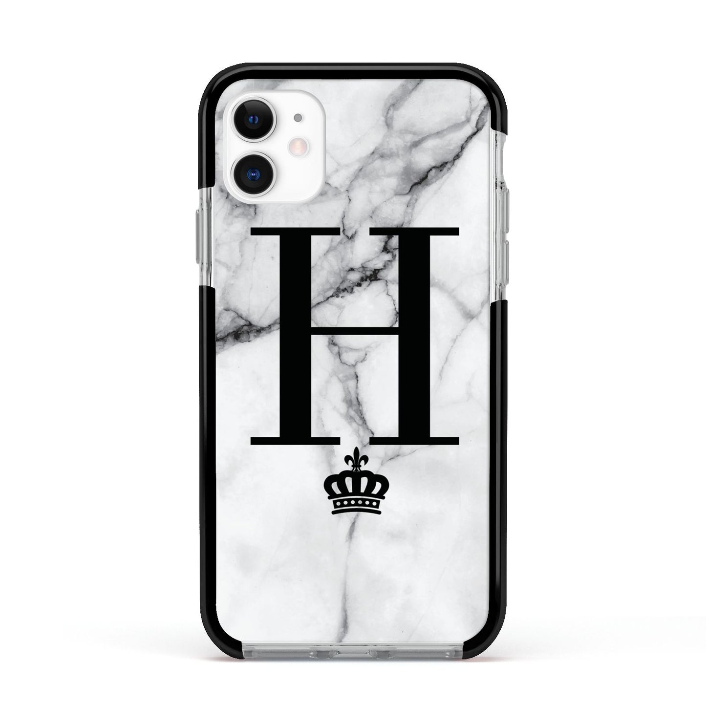 Personalised Big Initials Crown Marble Apple iPhone 11 in White with Black Impact Case